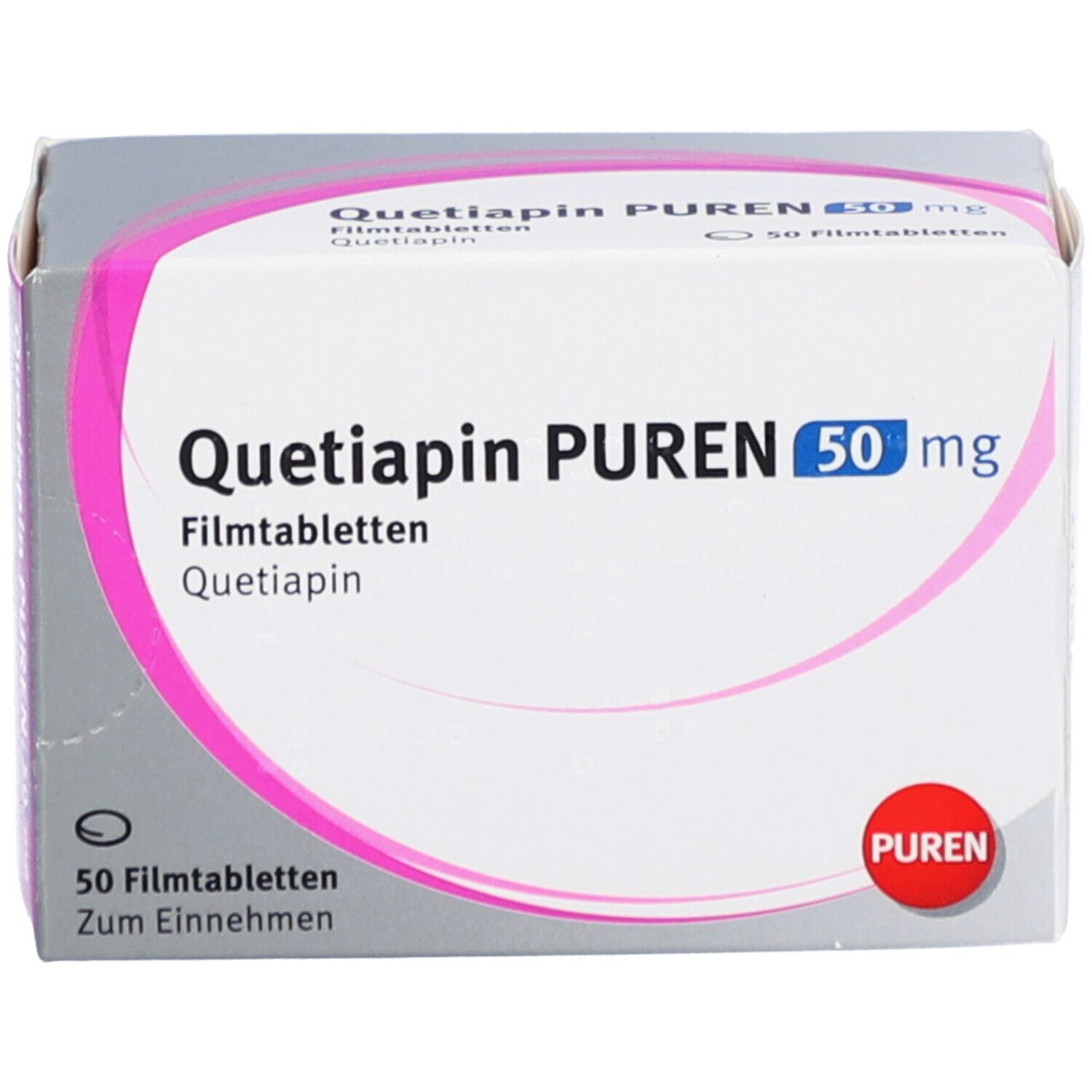 Schachtel QUETIAPIN PUREN 50 mg. Vorderansicht mit Produktnamen, Dosierung, Anzahl Tabletten und PUREN-Logo.