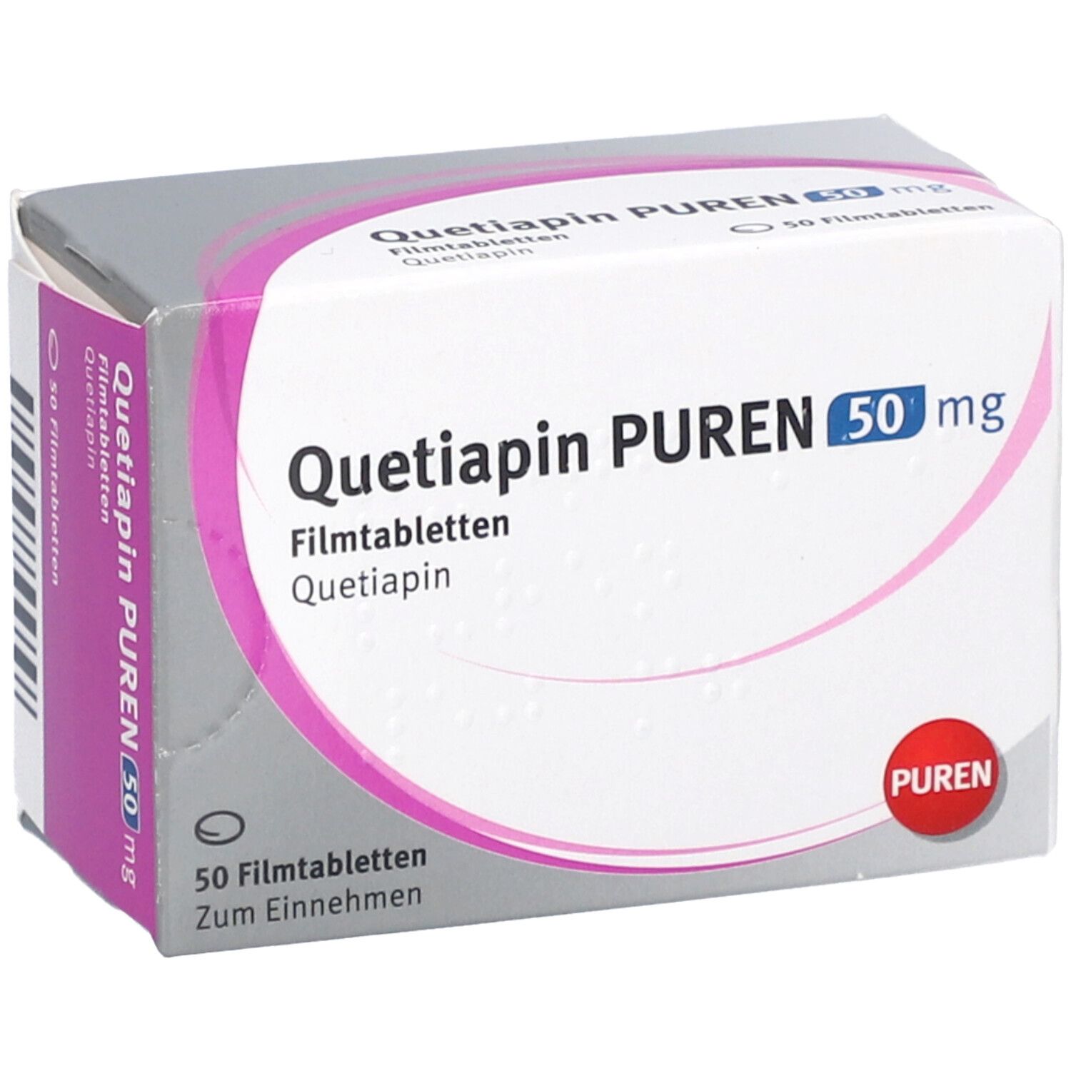 Schachtel QUETIAPIN PUREN 50 mg. Ansicht mit Produktnamen, Dosierung, Anzahl Tabletten und PUREN-Logo.