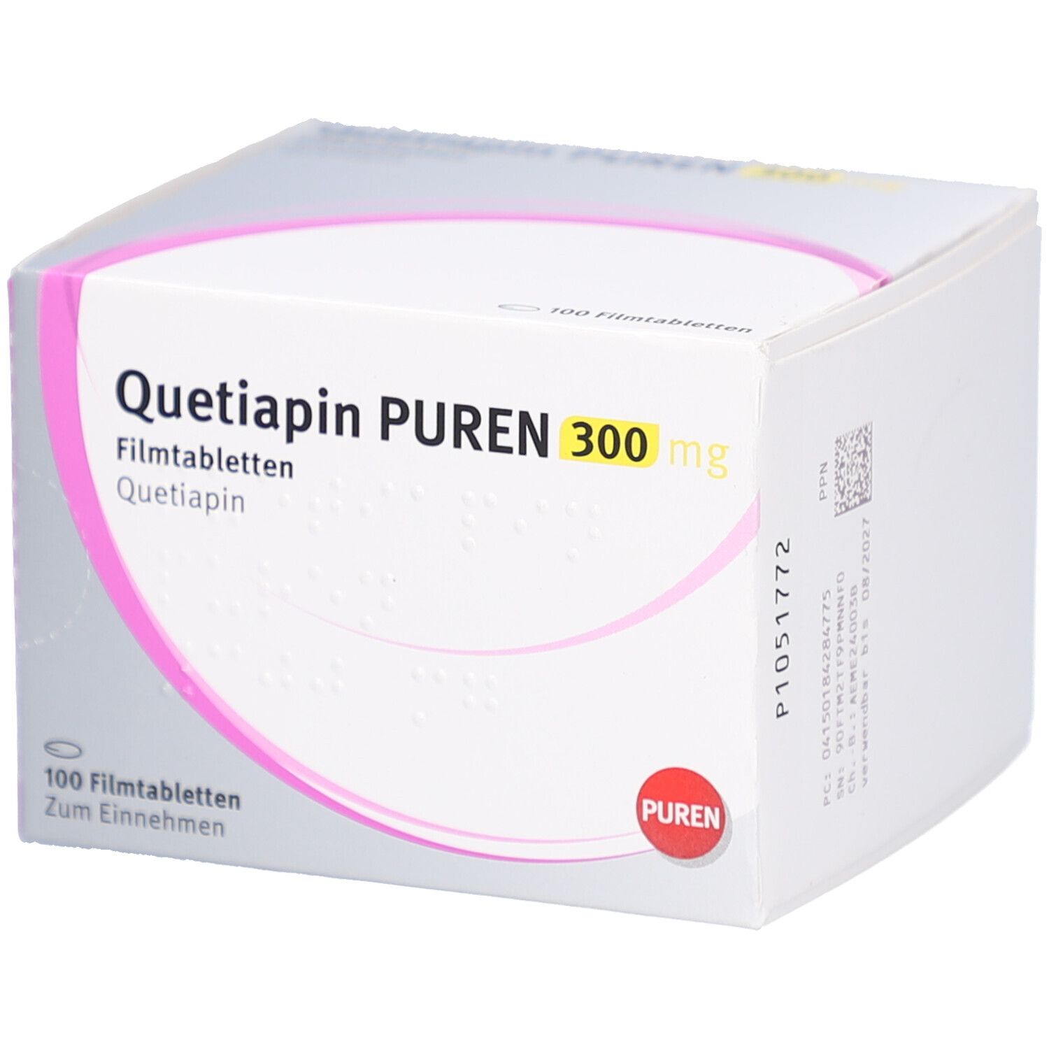 Schachtel mit QUETIAPIN PUREN 300 mg Filmtabletten. Rosa und weiße Verpackung mit Produktnamen und Dosierung.