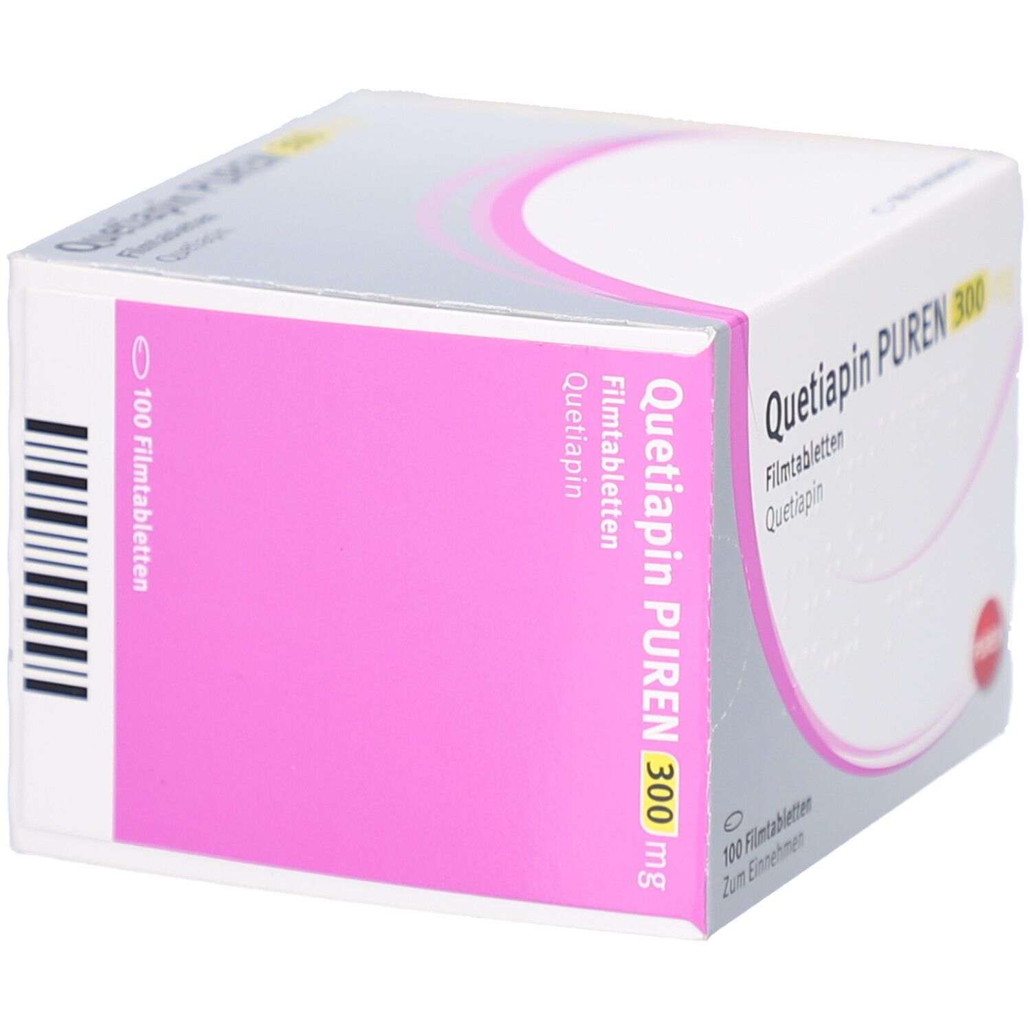 Schachtel QUETIAPIN PUREN 300 mg Filmtabletten. Rosa und weiße Verpackung, Produktname und Dosierung deutlich sichtbar.