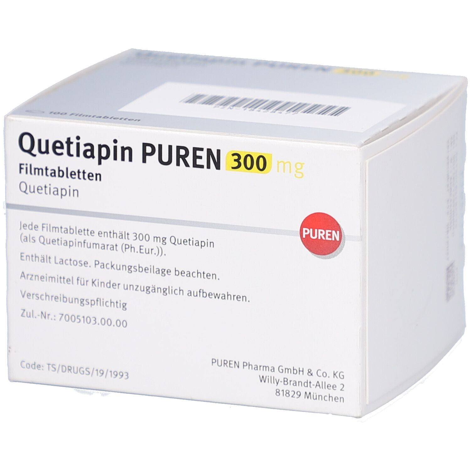 Schachtel QUETIAPIN PUREN 300 mg Filmtabletten. Verpackung mit Produktinformationen, Dosierung und Herstellerangaben.