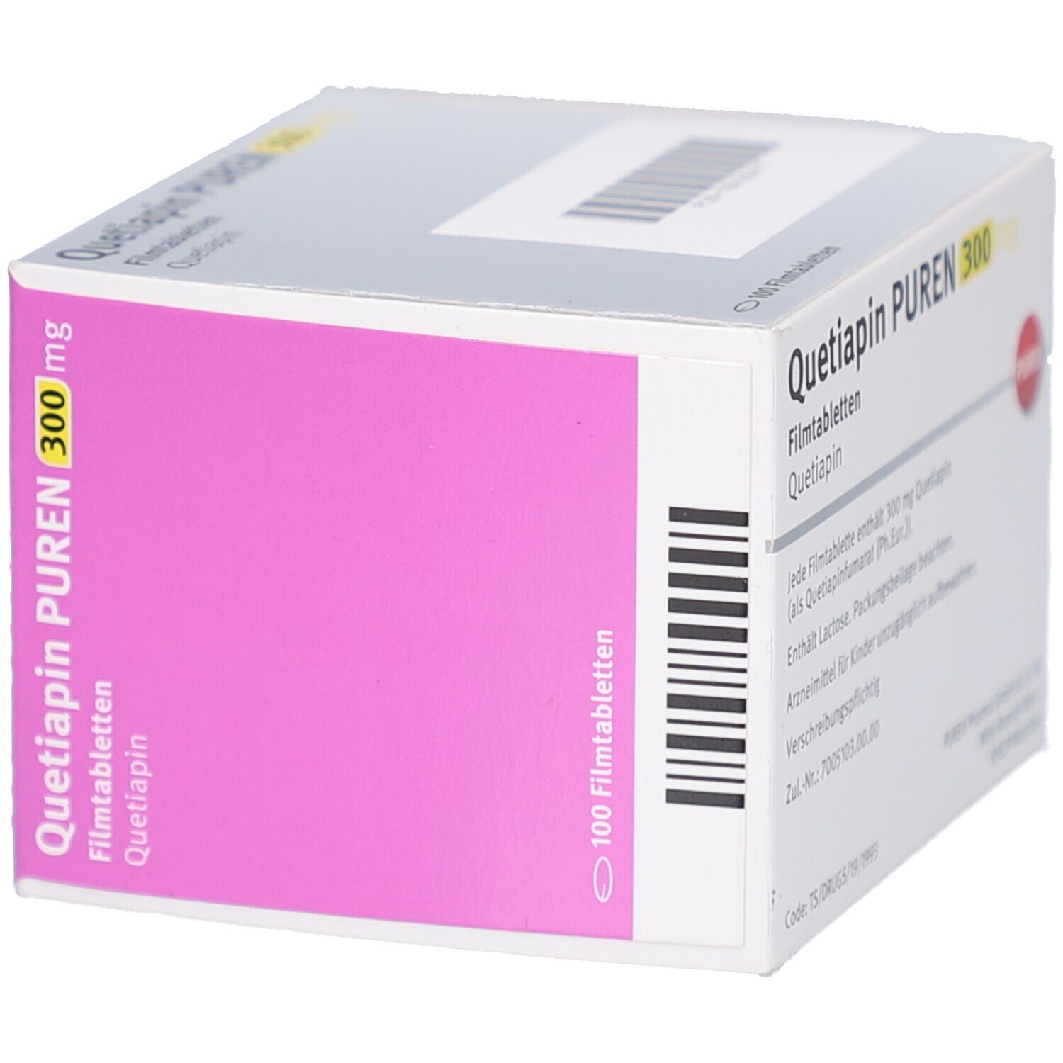 Schachtel QUETIAPIN PUREN 300 mg Filmtabletten. Rosa und weiße Verpackung, Produktname und Dosierung deutlich sichtbar.