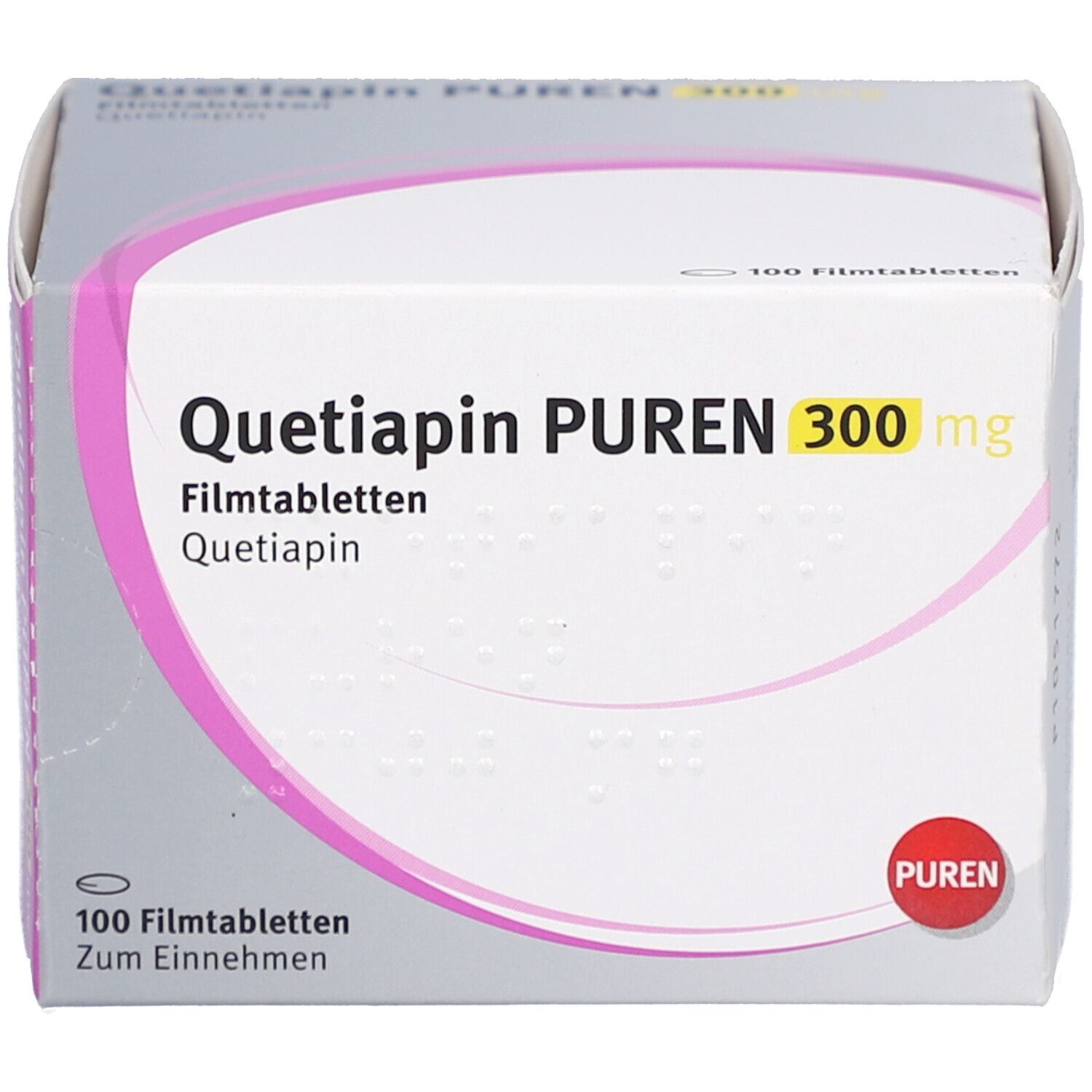Schachtel QUETIAPIN PUREN 300 mg Filmtabletten. Rosa und weiße Verpackung, Produktname und Dosierung deutlich sichtbar.
