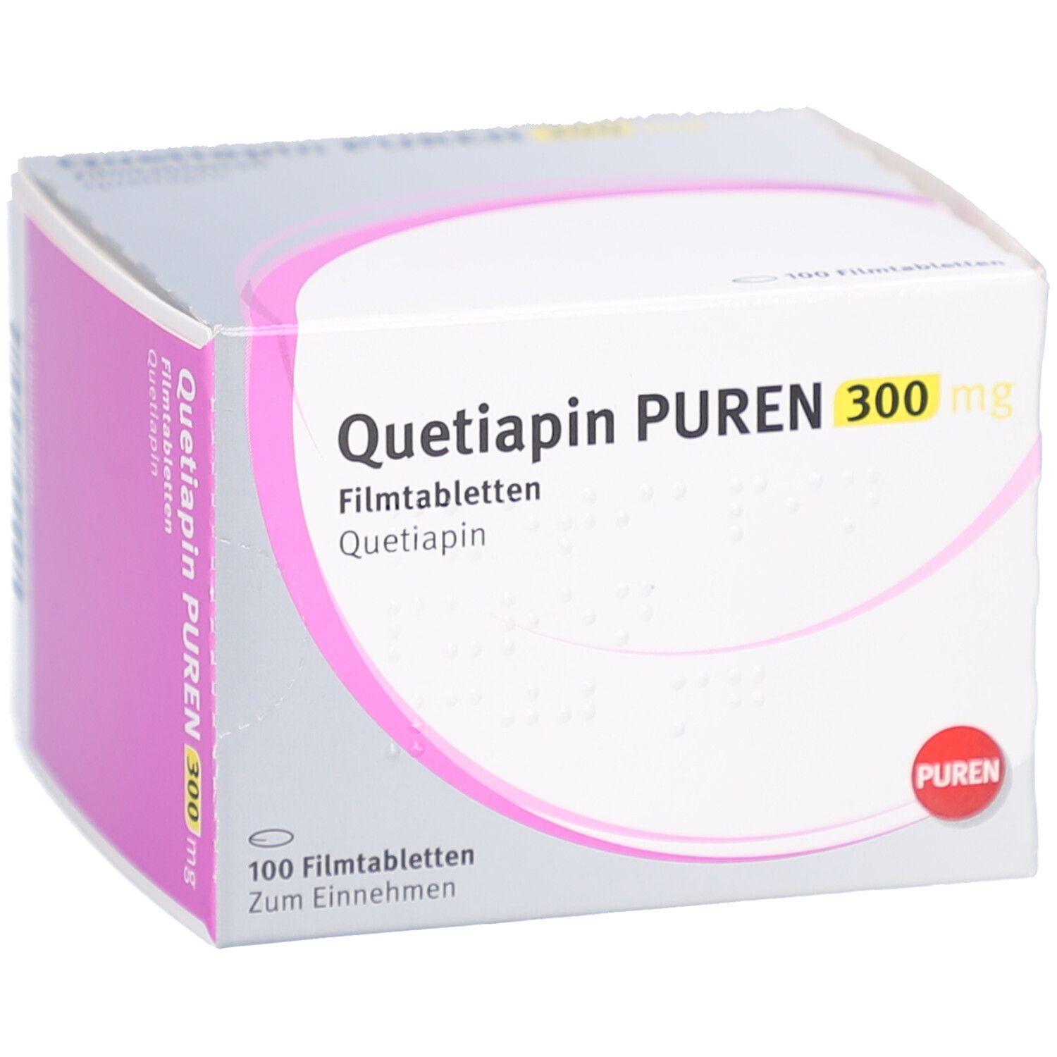 Schachtel QUETIAPIN PUREN 300 mg Filmtabletten. Rosa und weiße Verpackung, Produktname und Dosierung deutlich sichtbar.