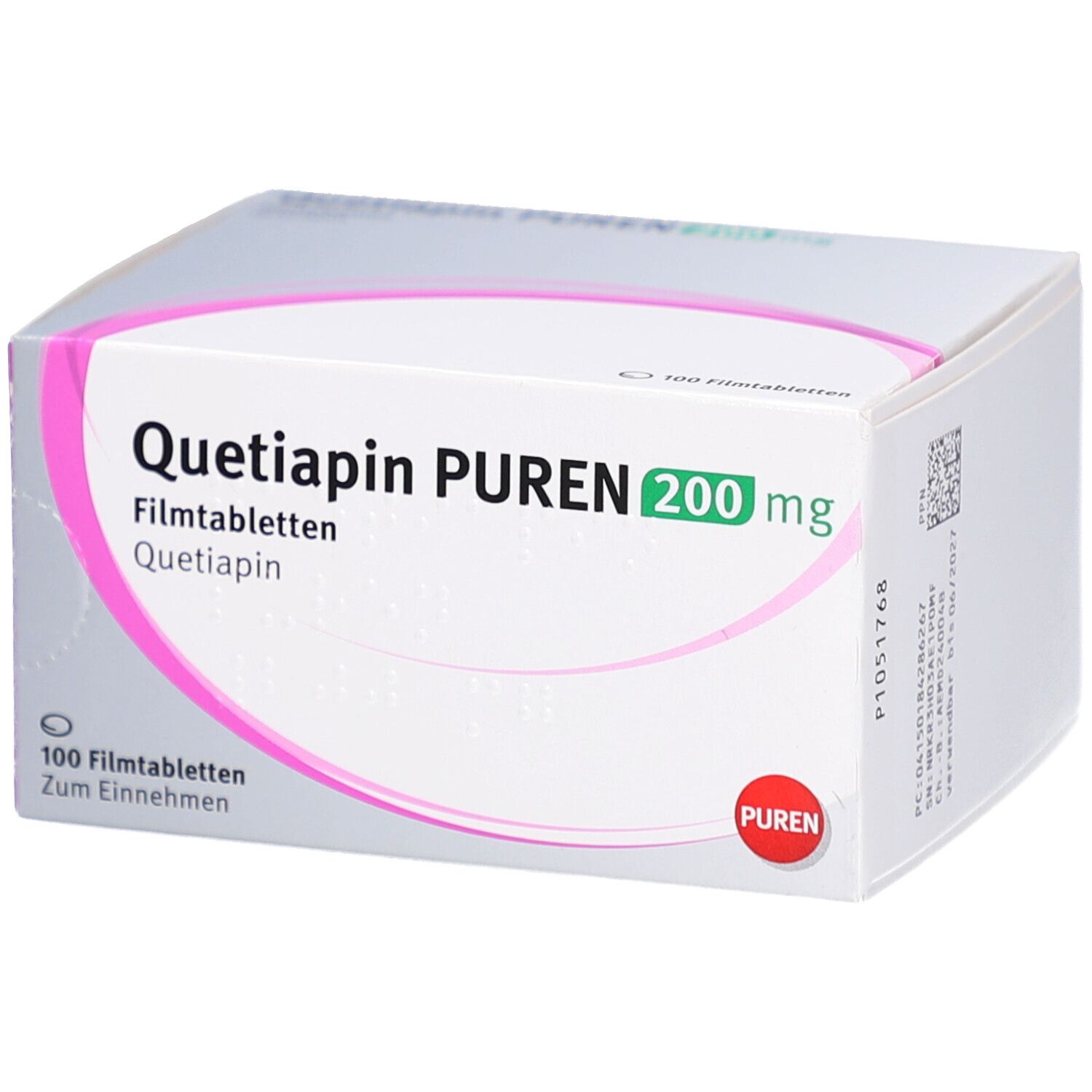 Schachtel mit QUETIAPIN PUREN 200 mg Filmtabletten. Rosa und weiße Verpackung. 100 Filmtabletten. PUREN-Logo.