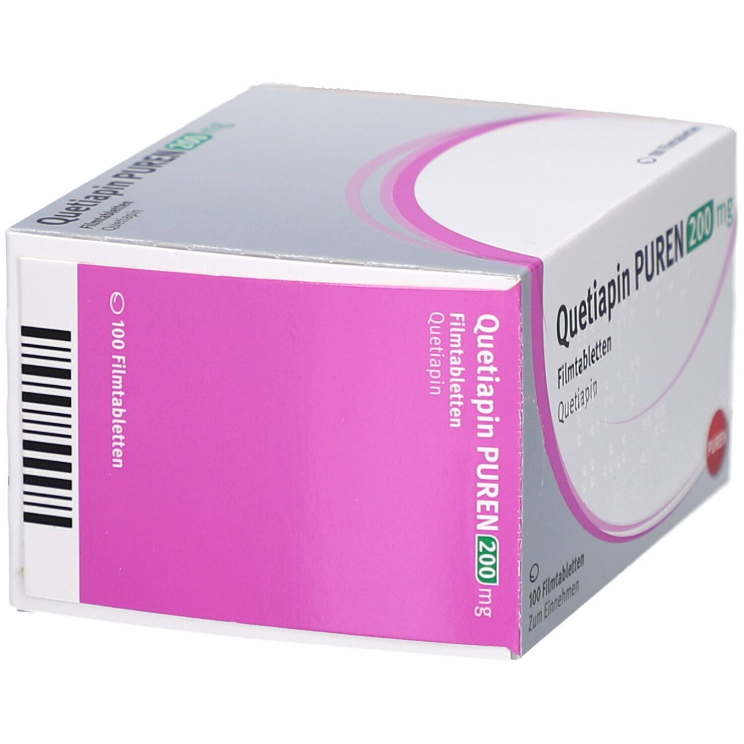 Schachtel QUETIAPIN PUREN 200 mg Filmtabletten. Rosa und weiße Verpackung. Barcode auf der Seite. PUREN-Logo.