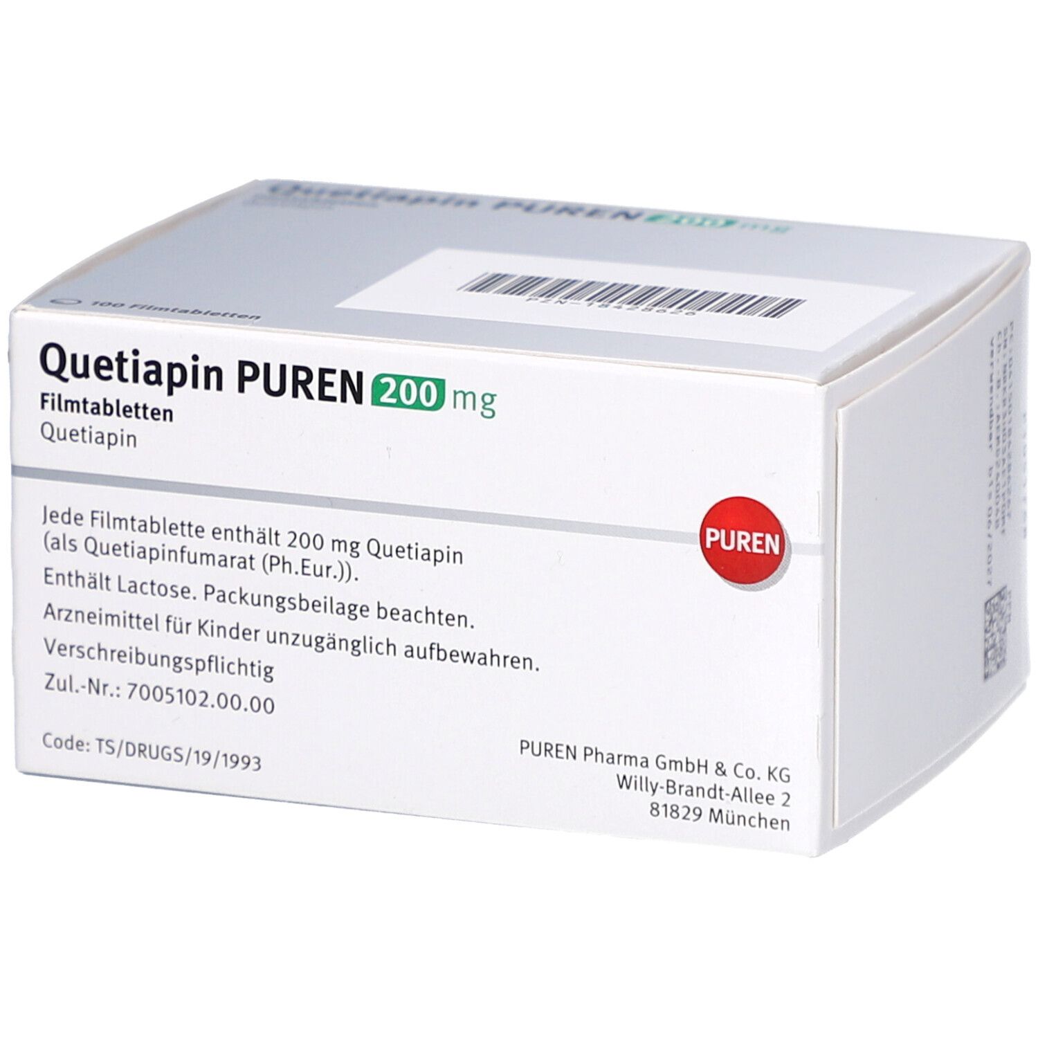 Schachtel QUETIAPIN PUREN 200 mg Filmtabletten. Weiße Verpackung mit Text. PUREN-Logo. Enthält 100 Filmtabletten.