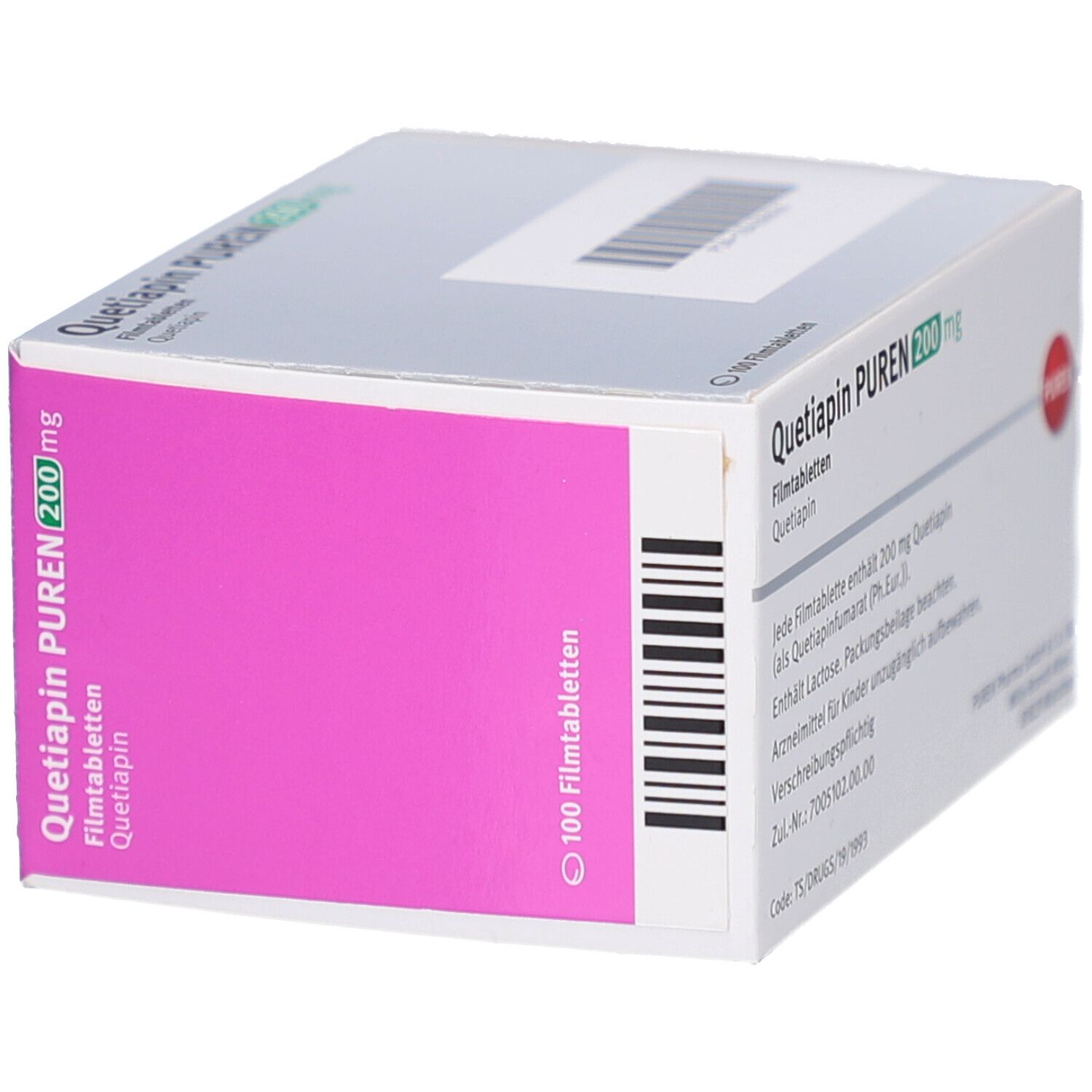Schachtel QUETIAPIN PUREN 200 mg Filmtabletten. Weiße Verpackung mit Text. Barcode auf der Seite. 100 Filmtabletten.