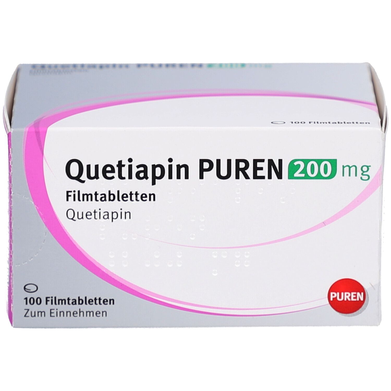 Schachtel QUETIAPIN PUREN 200 mg Filmtabletten. Weiße Verpackung mit rosa Akzenten. 100 Filmtabletten. PUREN-Logo.