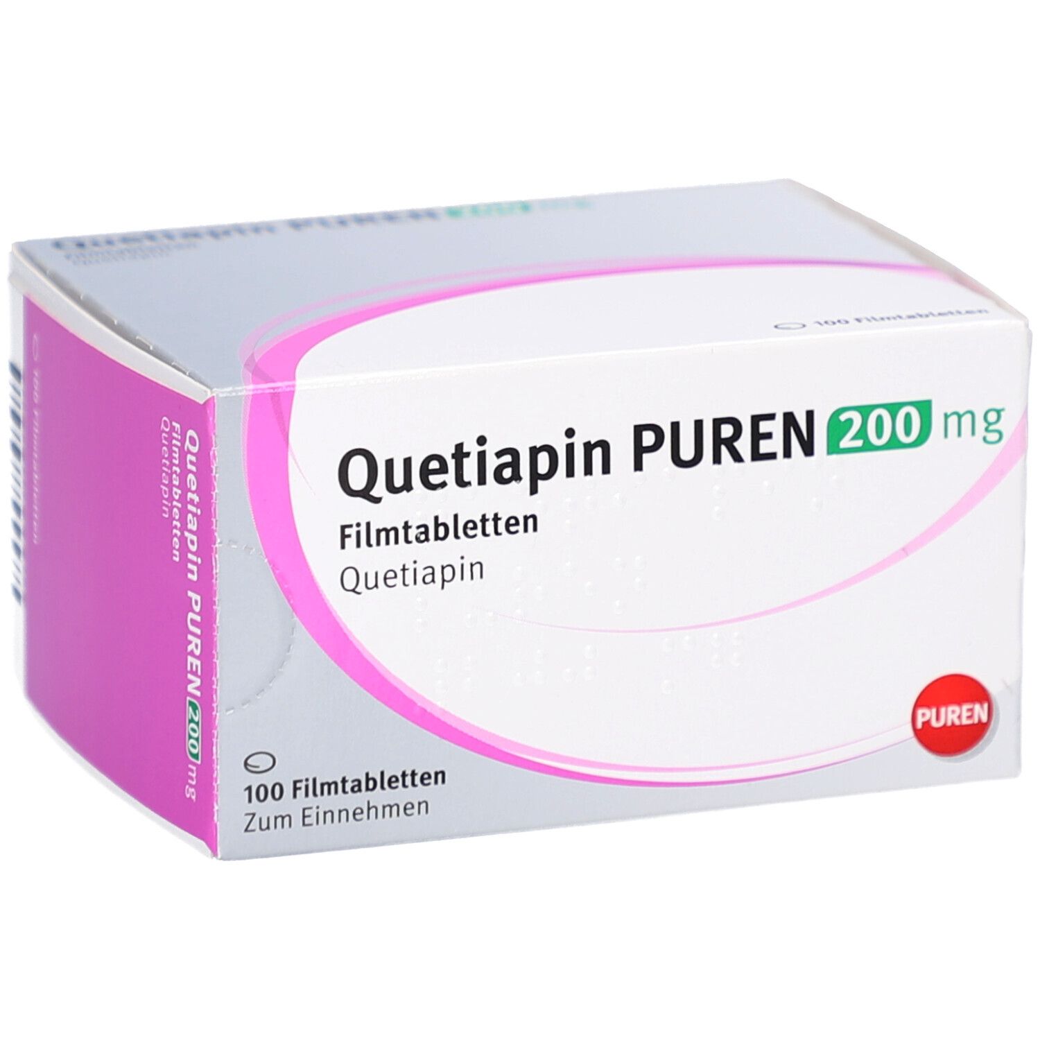 Schachtel QUETIAPIN PUREN 200 mg Filmtabletten. Weiße Verpackung mit rosa Akzenten. 100 Filmtabletten. PUREN-Logo.
