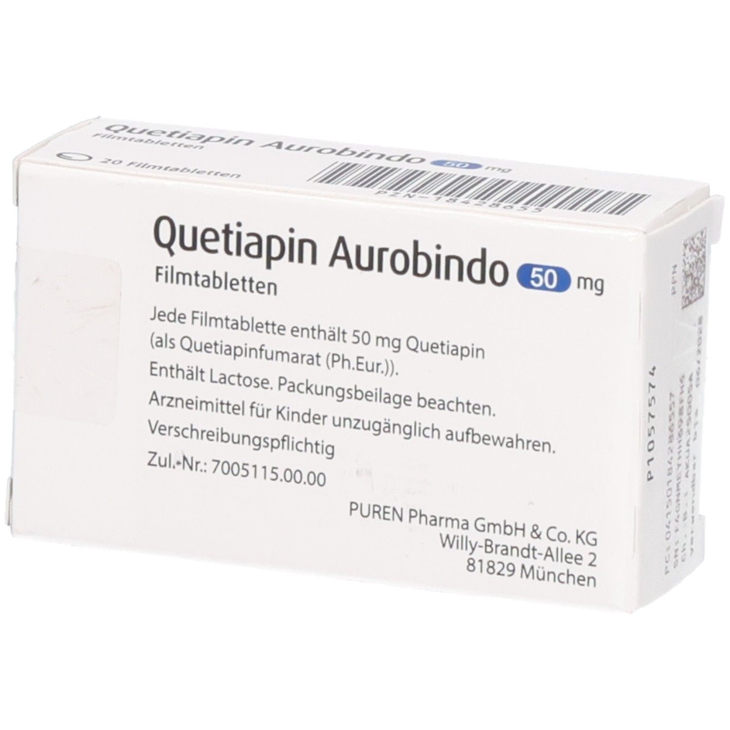 QUETIAPIN Aurobindo 50 mg Filmtabletten, 20 Stück. Enthält Laktose.
