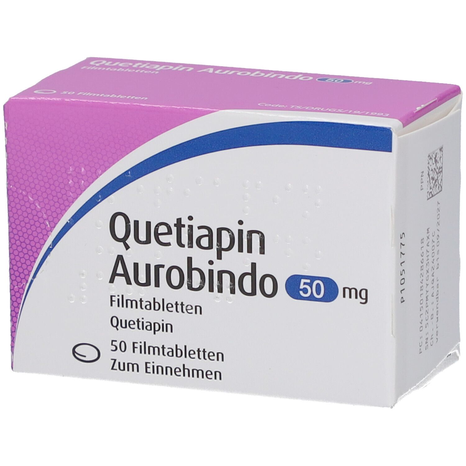 Schachtel mit "Quetiapin Aurobindo 50 mg Filmtabletten". Rosa und weißes Design. 50 Tabletten. Blaue Akzente.