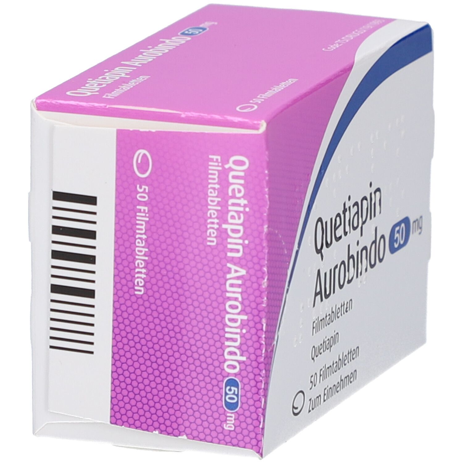 Schachtel "Quetiapin Aurobindo 50 mg Filmtabletten". Rosa und weiß. Barcode auf der Seite. Blaue Akzente.