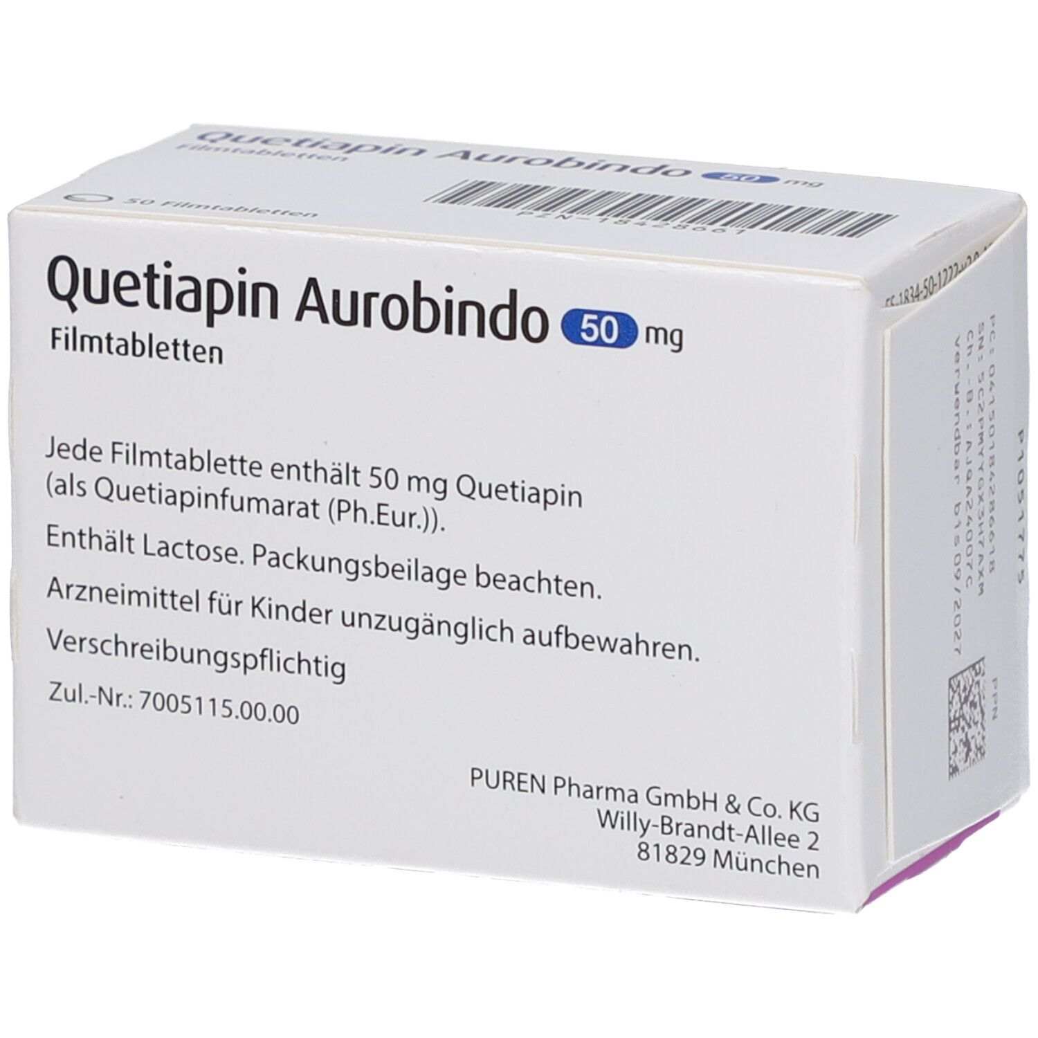 Schachtel "Quetiapin Aurobindo 50 mg Filmtabletten". Text auf Deutsch. Enthält 50 Tabletten. Herstellerinformationen.