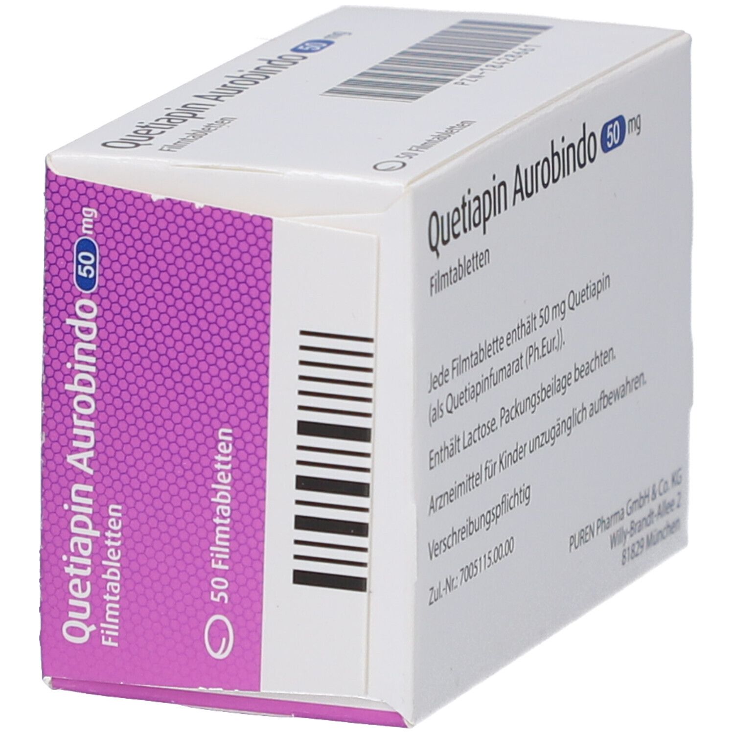 Schachtel "Quetiapin Aurobindo 50 mg Filmtabletten". Text auf Deutsch. Barcode. Herstellerinformationen.