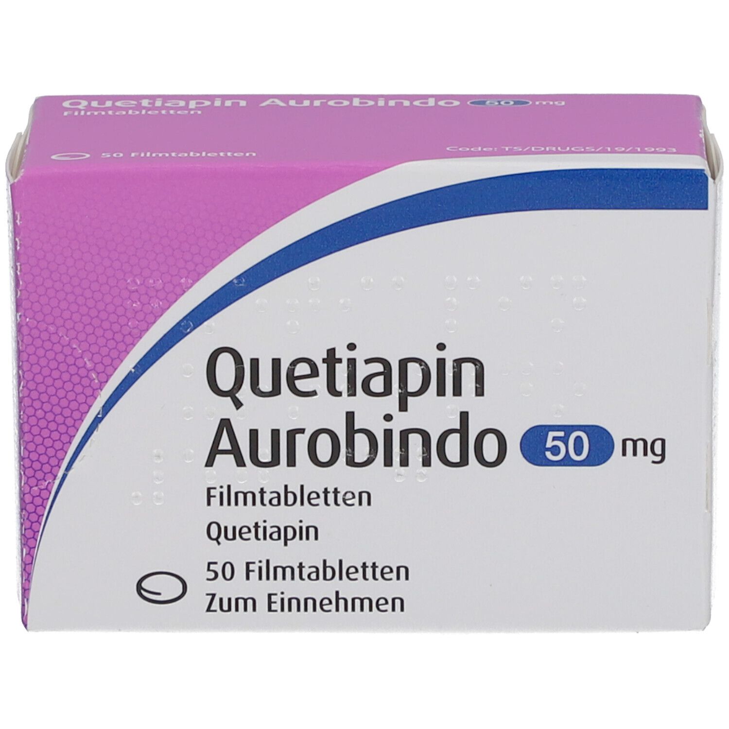 Schachtel "Quetiapin Aurobindo 50 mg Filmtabletten". Rosa und weiß. 50 Tabletten. Blaue Akzente.
