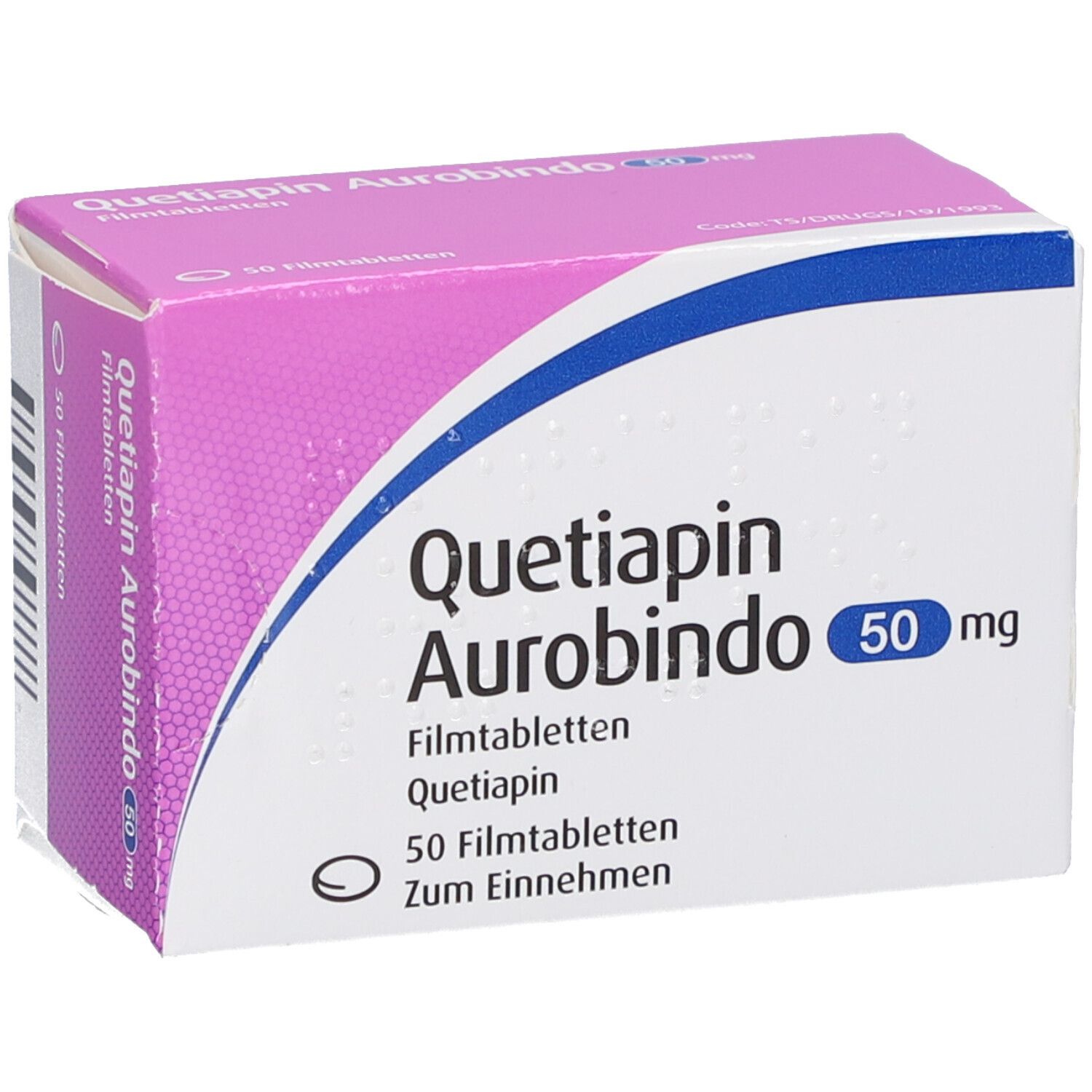 Schachtel "Quetiapin Aurobindo 50 mg Filmtabletten". Rosa und weiß. 50 Tabletten. Blaue Akzente.