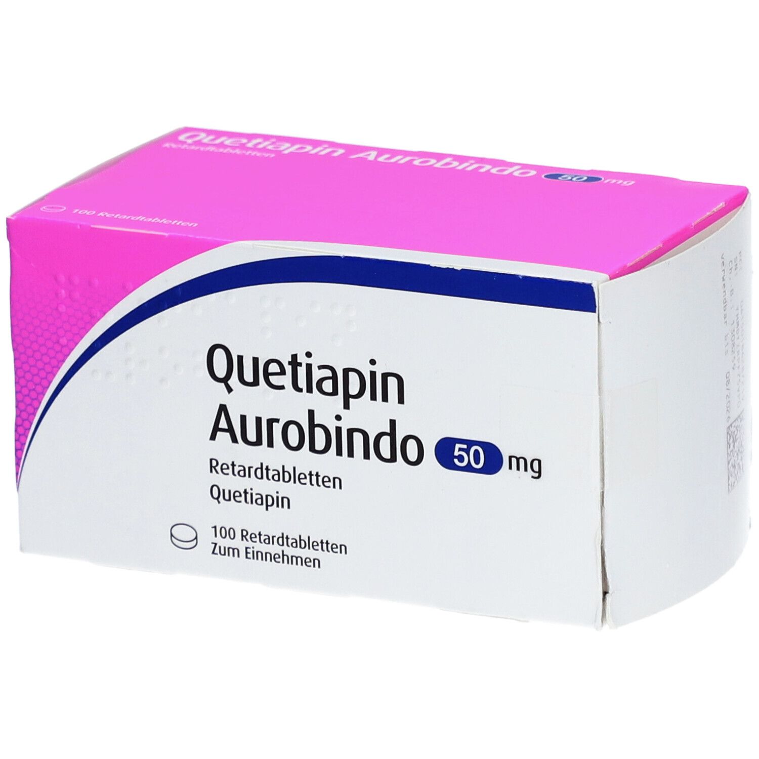 Rosa-weiße Schachtel mit Aufschrift "Quetiapin Aurobindo 50 mg Retardtabletten". 100 Tabletten.