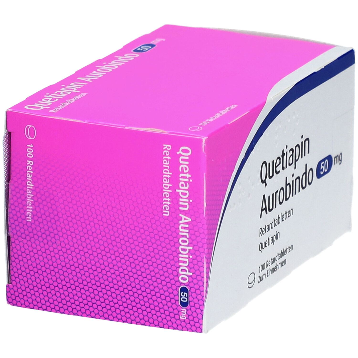 Schachtel "Quetiapin Aurobindo 50 mg Retardtabletten". Rosa-weiß, blaue Linie. 100 Tabletten.