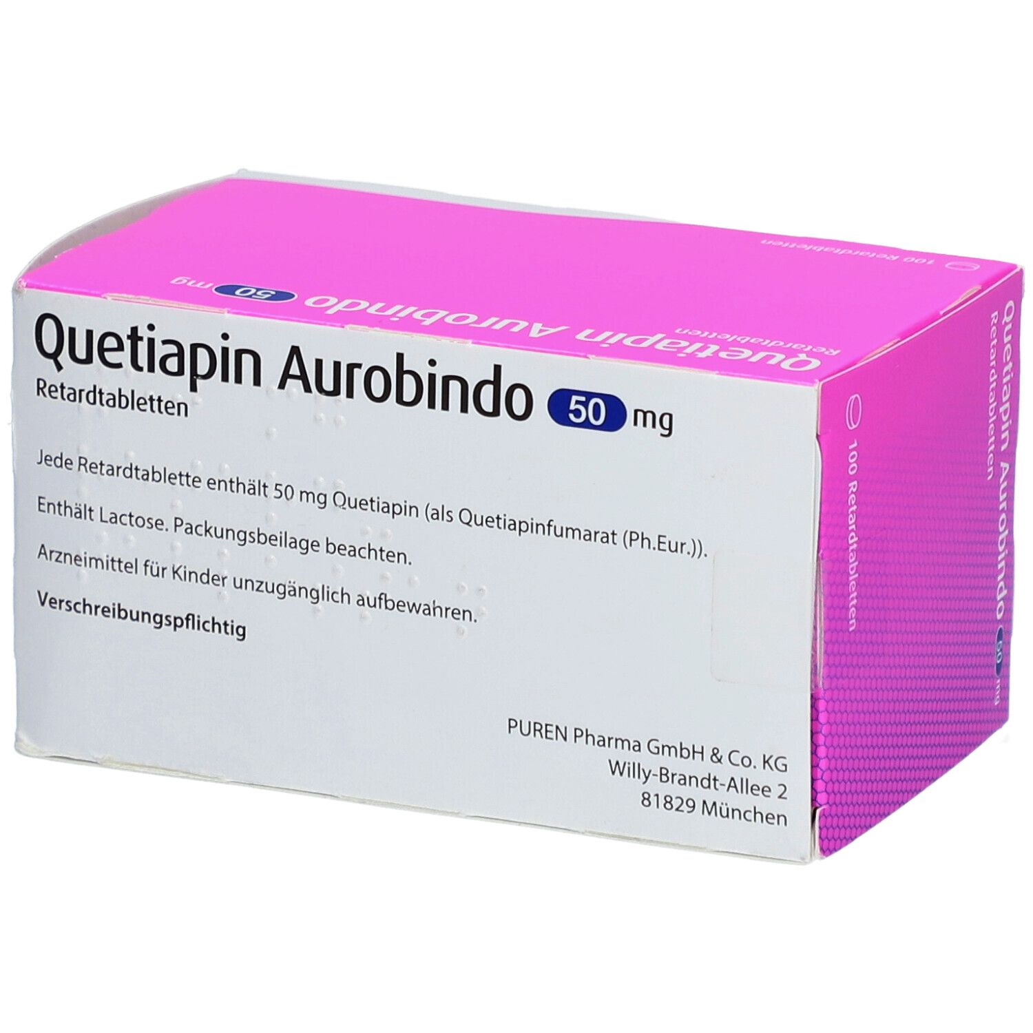Schachtel "Quetiapin Aurobindo 50 mg Retardtabletten". Text auf weißem Grund, rosa Deckel. 100 Tabletten.