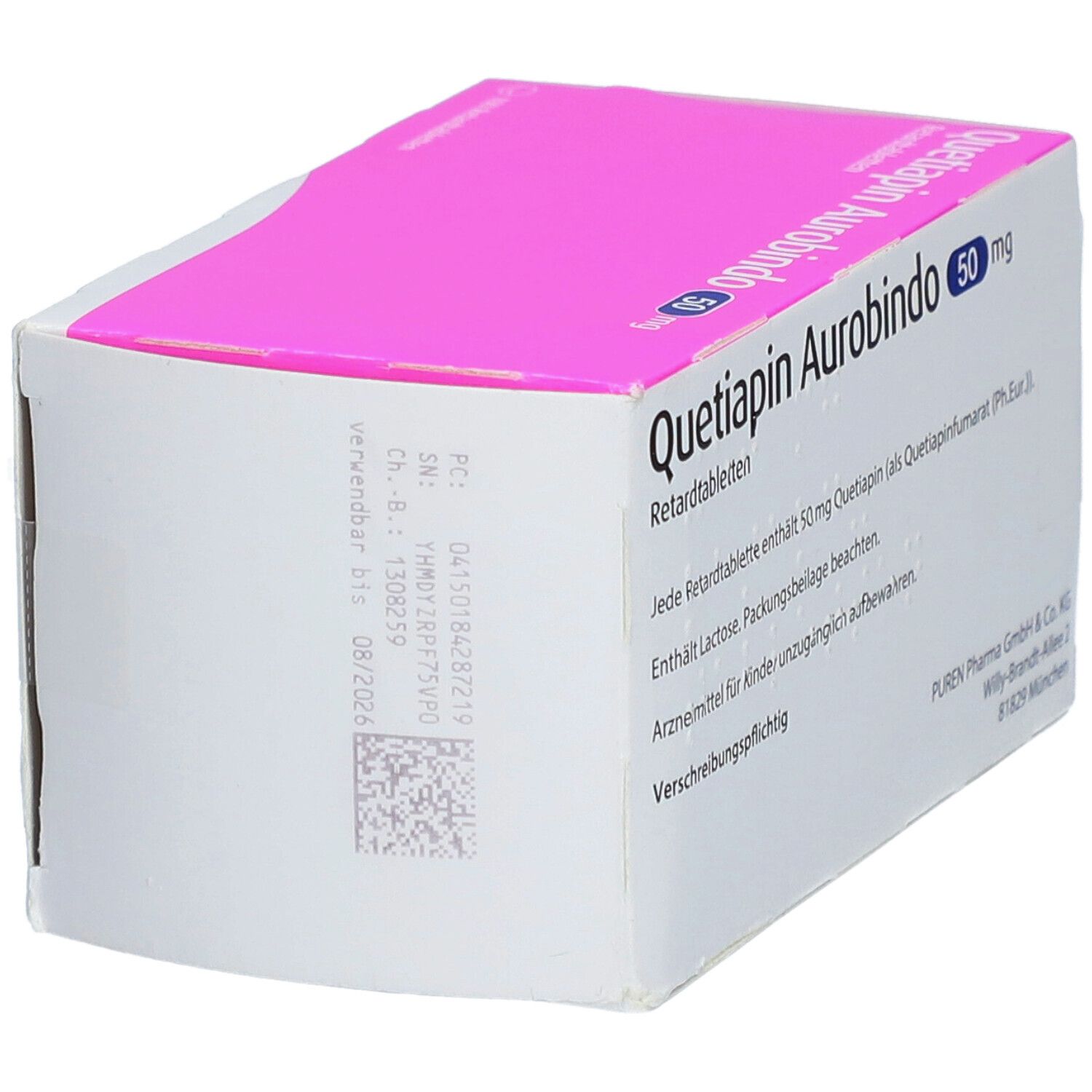Schachtel "Quetiapin Aurobindo 50 mg Retardtabletten". Rückseite mit Text und Barcode. Rosa Deckel.