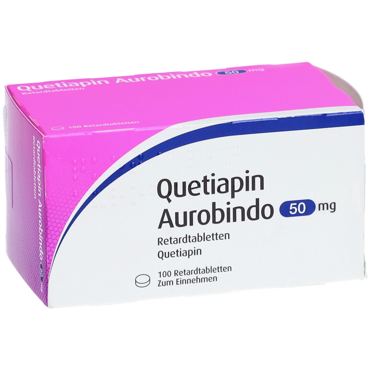Schachtel "Quetiapin Aurobindo 50 mg Retardtabletten". Rosa-weiß, blaue Linie. 100 Tabletten.