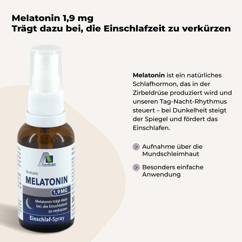 Braune Flasche mit Sprühkopf. Text: Avitale Melatonin 1,9 mg. Melatonin verkürzt Einschlafzeit.