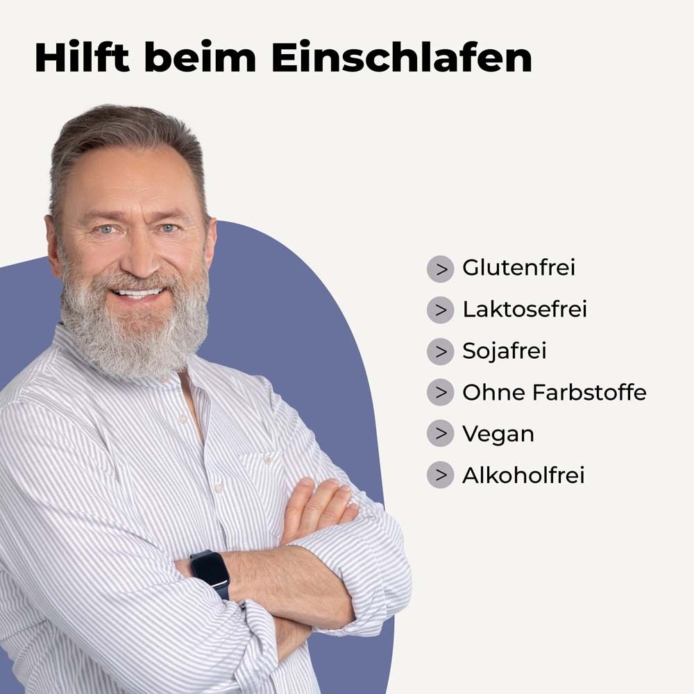 Mann lächelt. Text: Hilft beim Einschlafen. Aufzählung: Glutenfrei, laktosefrei, sojafrei, vegan, alkoholfrei.