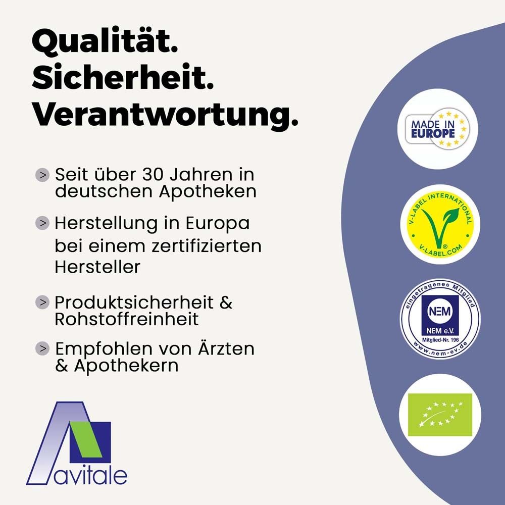 Text: Qualität. Sicherheit. Verantwortung. Logos: Made in Europe, V-Label, NEM, Bio-Siegel.