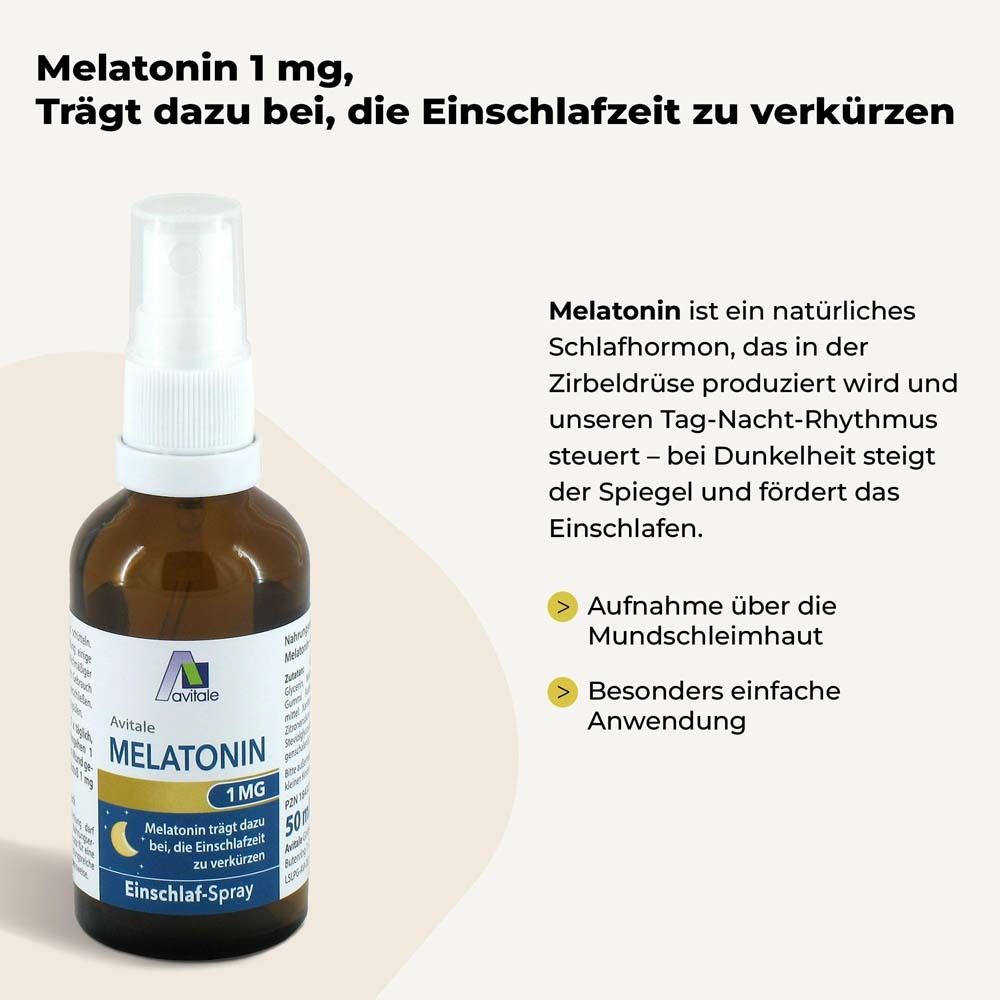 Braune Flasche "Avitale MELATONIN Einschlaf-Spray". Text: "Melatonin 1 mg, Trägt dazu bei, die Einschlafzeit zu verkürzen".