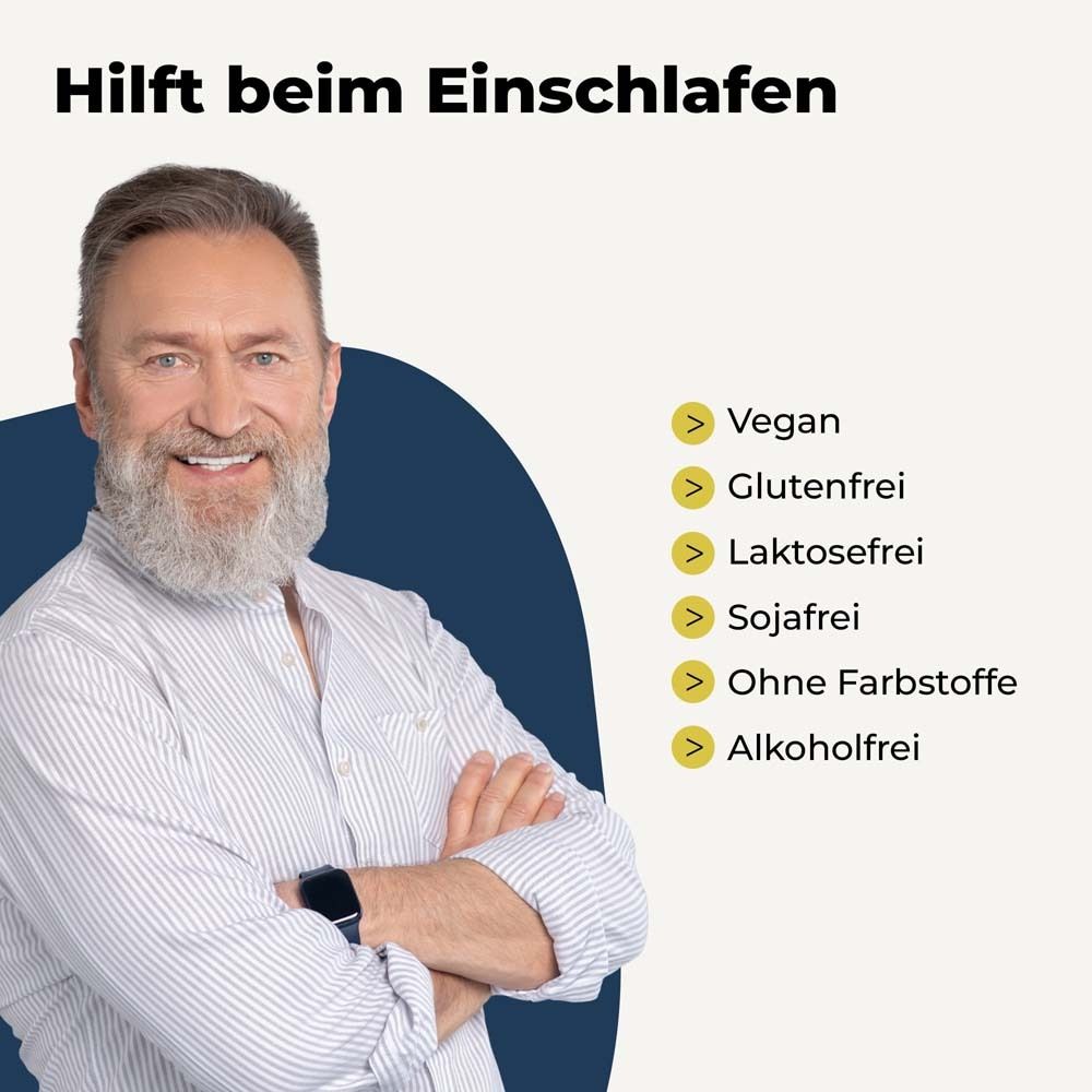Mann lächelt. Text: "Hilft beim Einschlafen". Listen mit Eigenschaften: Vegan, glutenfrei, laktosefrei, sojafrei, ohne Farbstoffe, alkoholfrei.