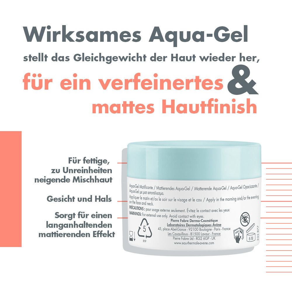 Produkt mit blauem Deckel. Text: Wirksames Aqua-Gel, für ein verfeinertes & mattes Hautfinish. Für fettige, unreine Haut.