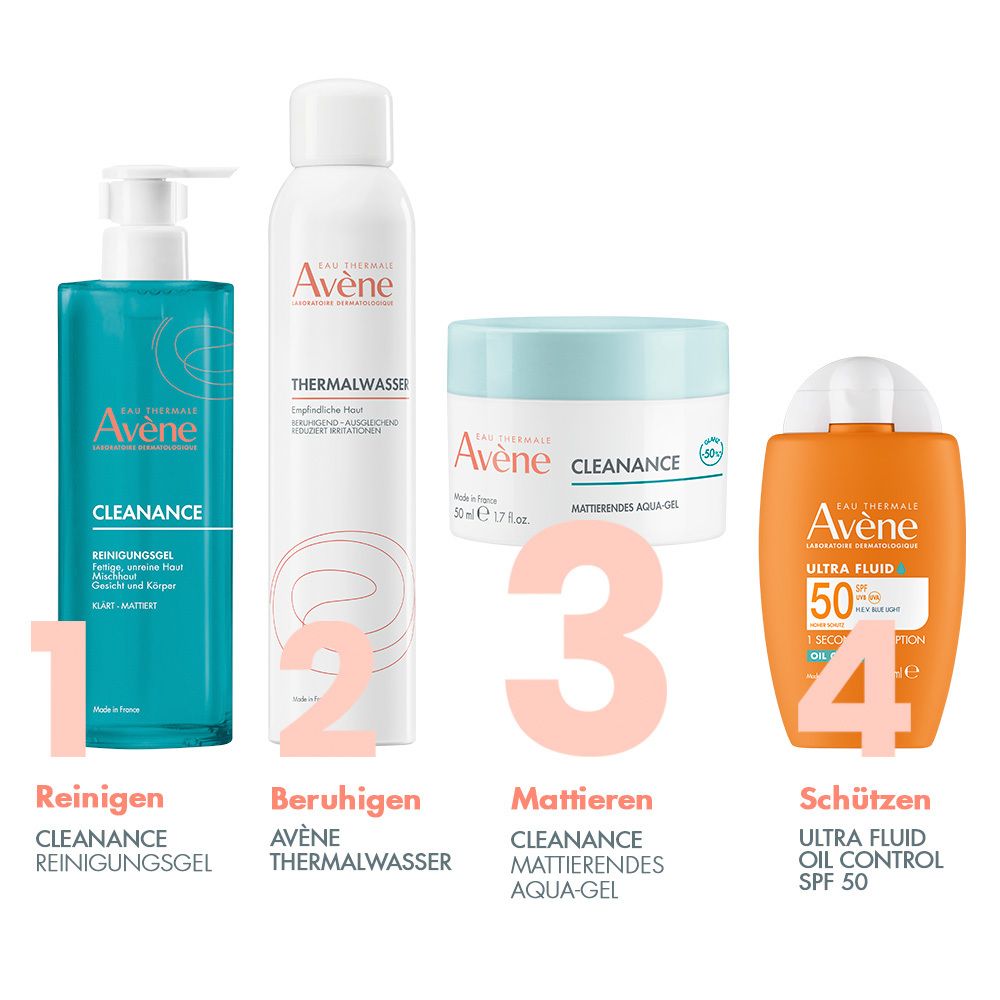 Vier Produkte nebeneinander. Reinigungs-Gel, Thermalwasser, Aqua-Gel, Ultra Fluid Oil Control SPF 50.