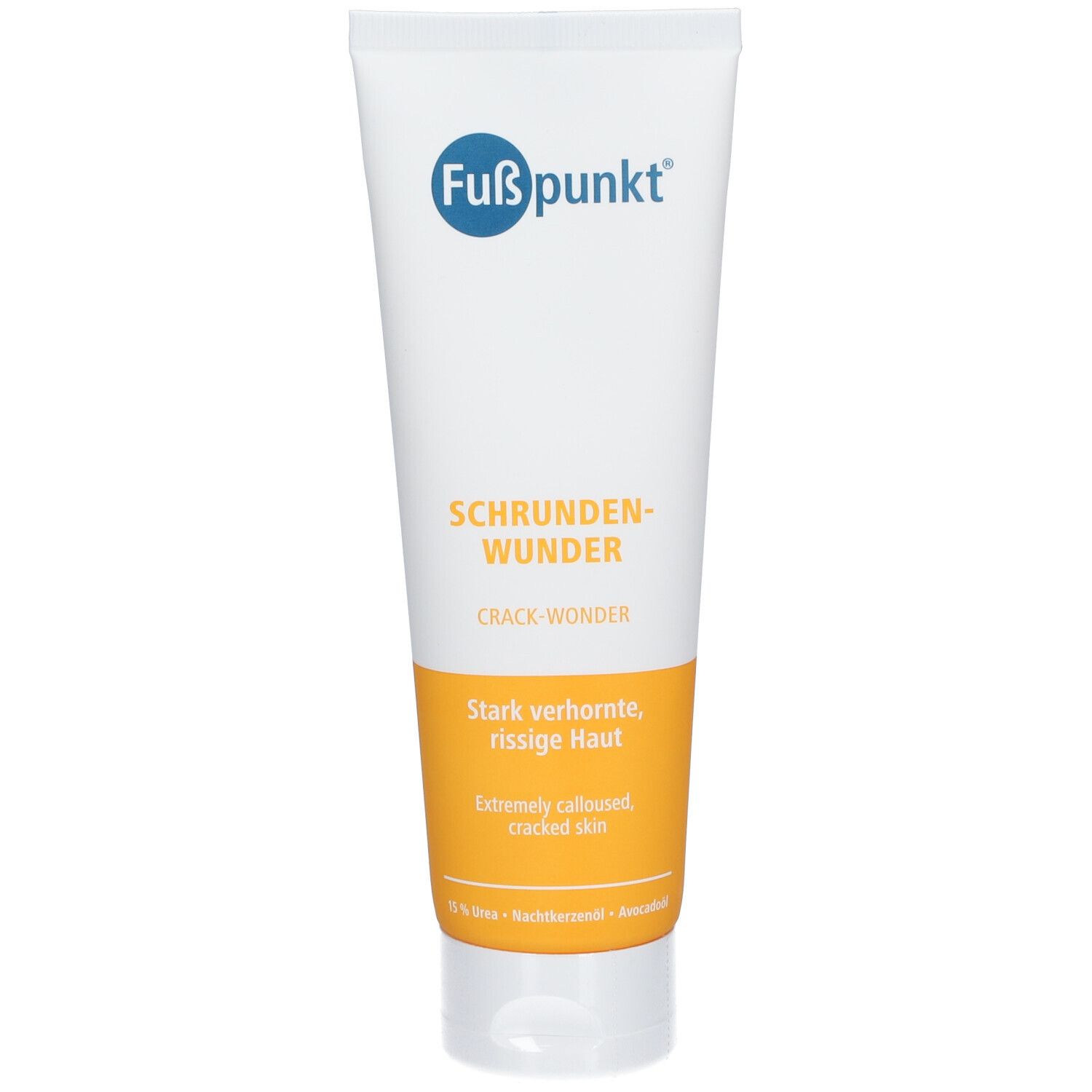 Fußpunkt® SCHRUNDENWUNDER Creme-Tube. Weiß, mit blauem und orangefarbenem Etikett. Text: Stark verhornte, rissige Haut.