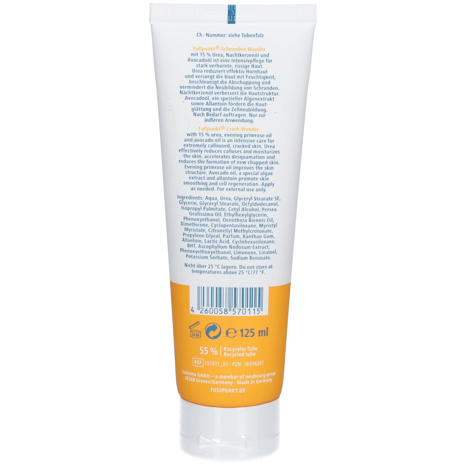 Rückseite der Fußpunkt® SCHRUNDENWUNDER Creme-Tube. Text und Inhaltsangaben auf gelbem Hintergrund. 125 ml.