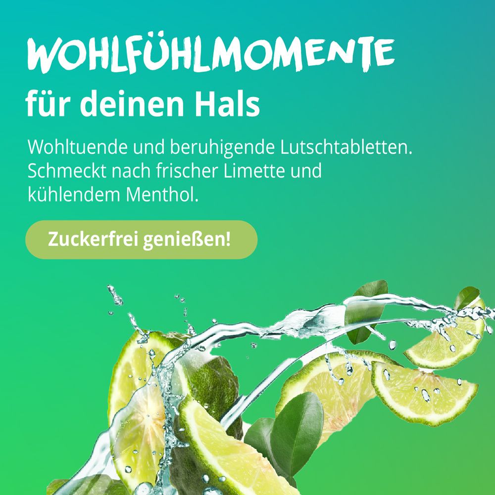 Limetten und Menthol. Wohltuende Lutschtabletten für den Hals. Zuckerfrei genießen.