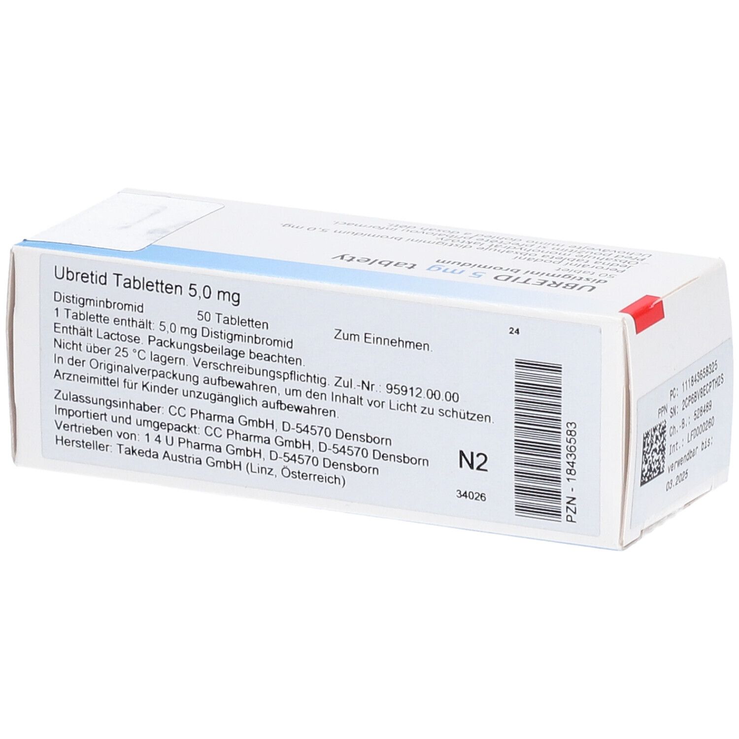Schachtel mit UBRETID Tabletten 5,0 mg. Aufschrift: 50 Tabletten, Distigminbromid. Text in deutscher Sprache.