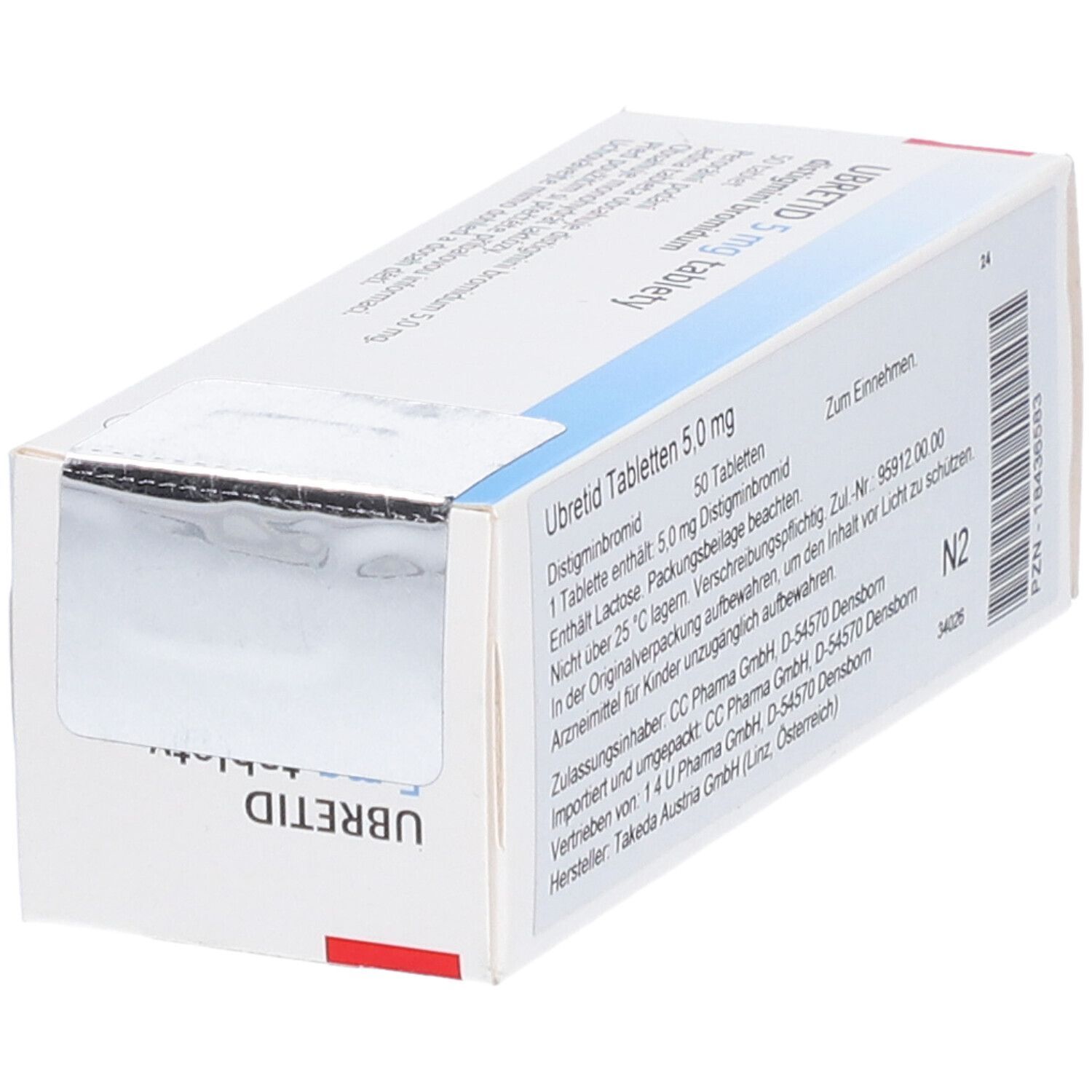 Geöffnete Schachtel mit UBRETID Tabletten 5,0 mg. Aufschrift: 50 Tabletten, Distigminbromid. Text in deutscher Sprache.