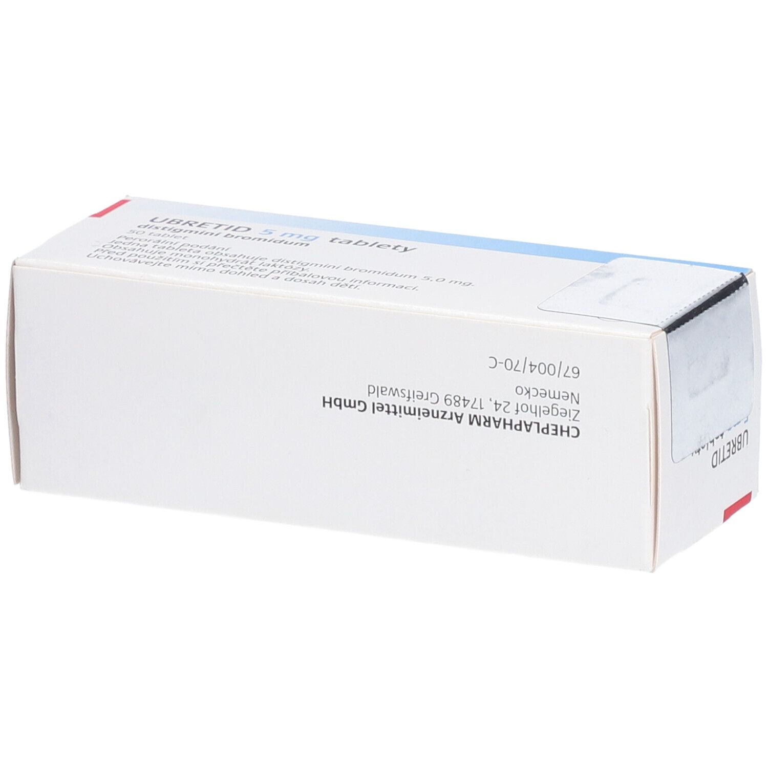 Schachtel mit UBRETID Tabletten 5,0 mg. Aufschrift: CHEPLAPHARM Arzneimittel GmbH. Text in deutscher Sprache.