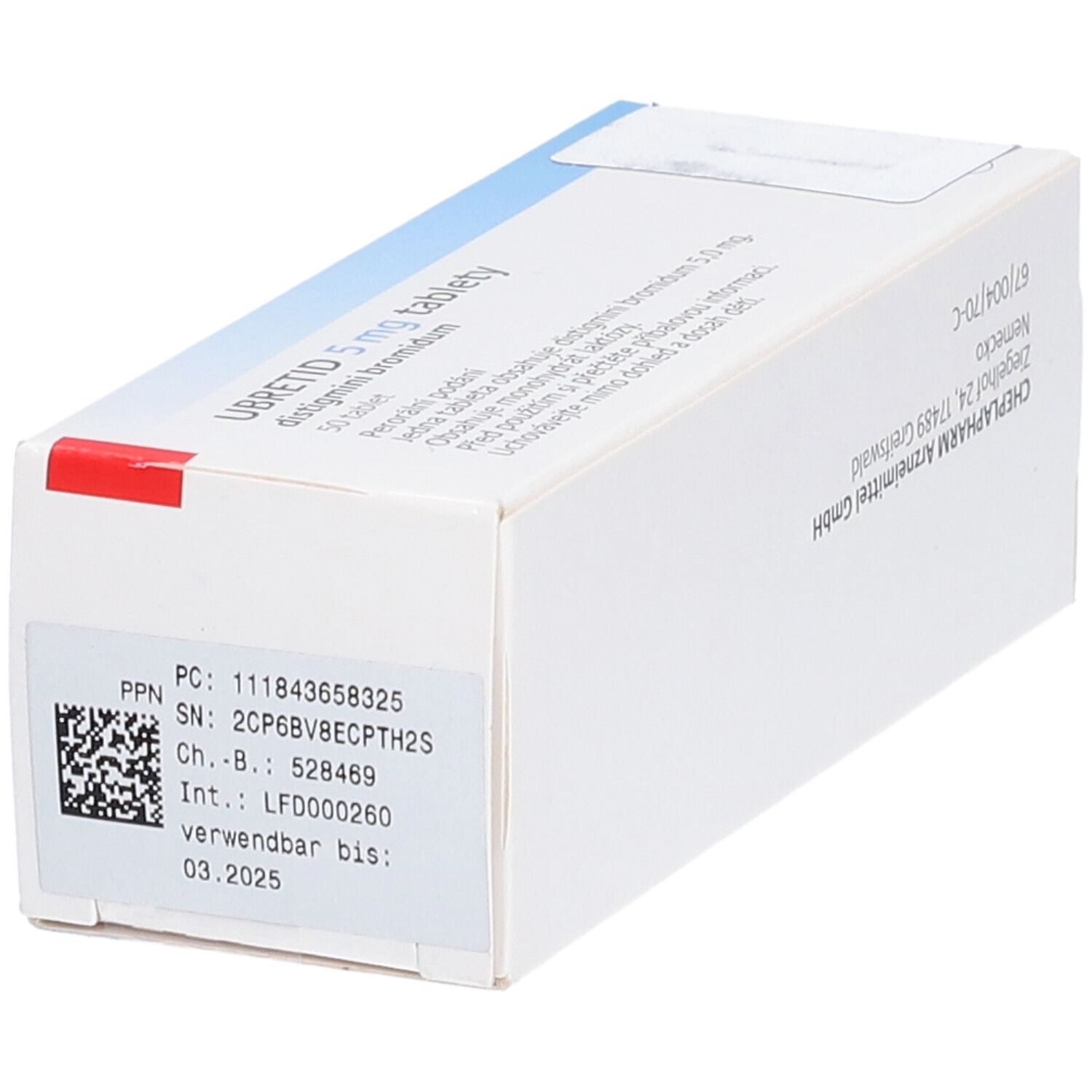 Schachtel mit UBRETID Tabletten 5,0 mg. Aufschrift: PC, SN, Ch.-B., verwendbar bis 03.2025. Text in deutscher Sprache.