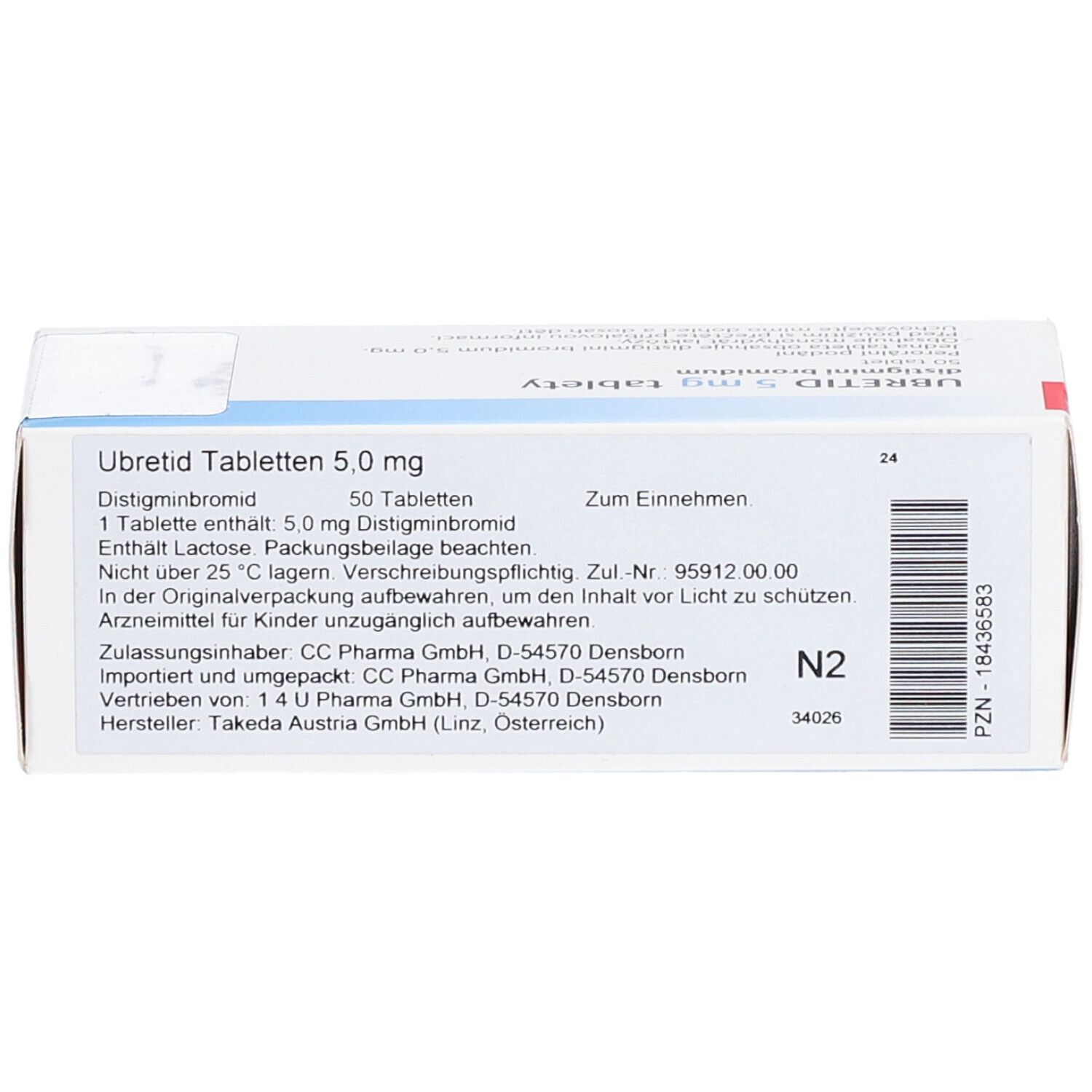 Schachtel mit UBRETID Tabletten 5,0 mg. Aufschrift: 50 Tabletten, Distigminbromid. Text in deutscher Sprache.