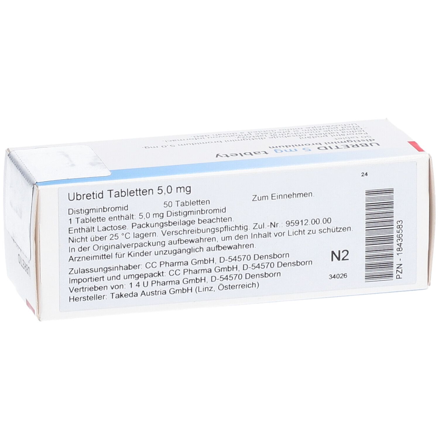 Schachtel mit UBRETID Tabletten 5,0 mg. Aufschrift: 50 Tabletten, Distigminbromid. Text in deutscher Sprache.