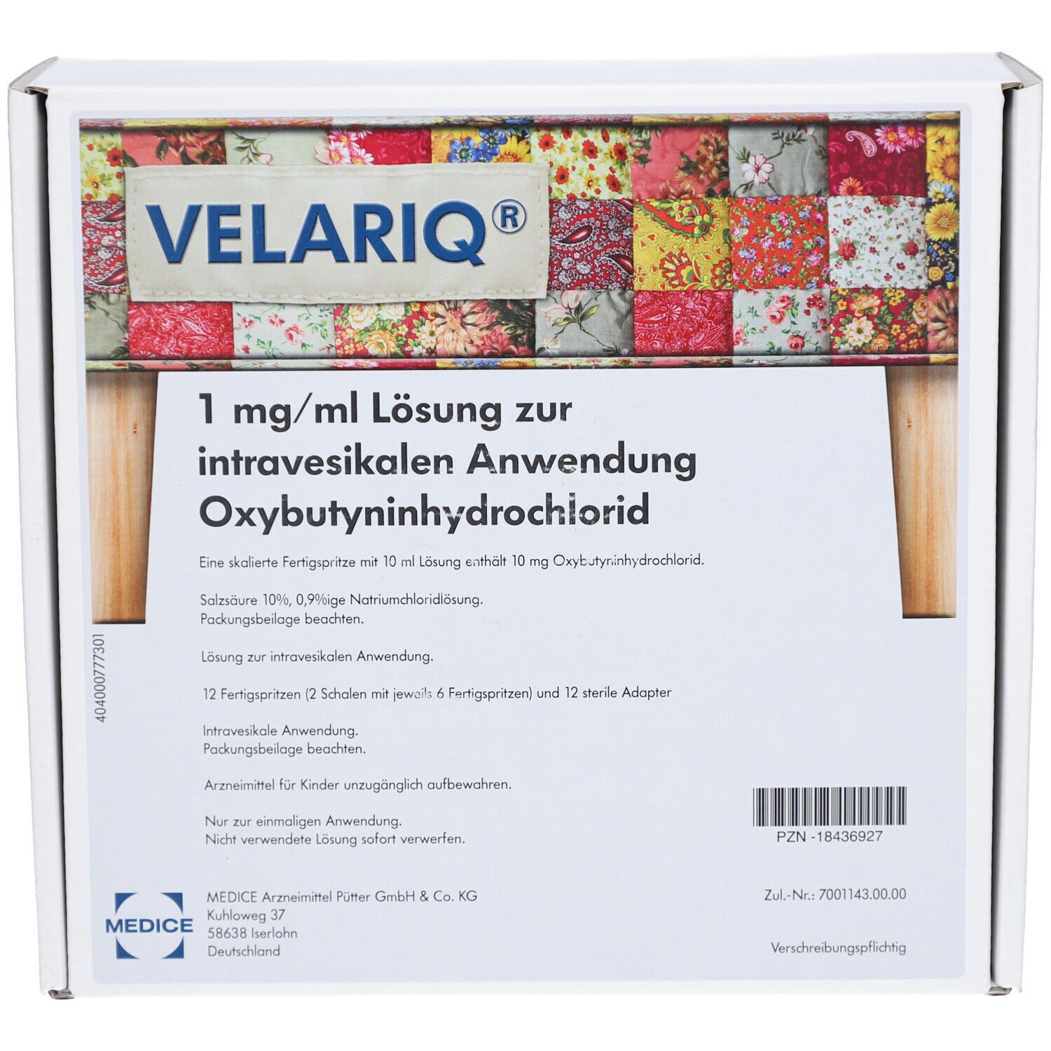 Weiße Produktverpackung mit Text. Oben steht VELARIQ. Darunter: 1 mg/ml Lösung zur intravesikalen Anwendung. Text in Deutsch.