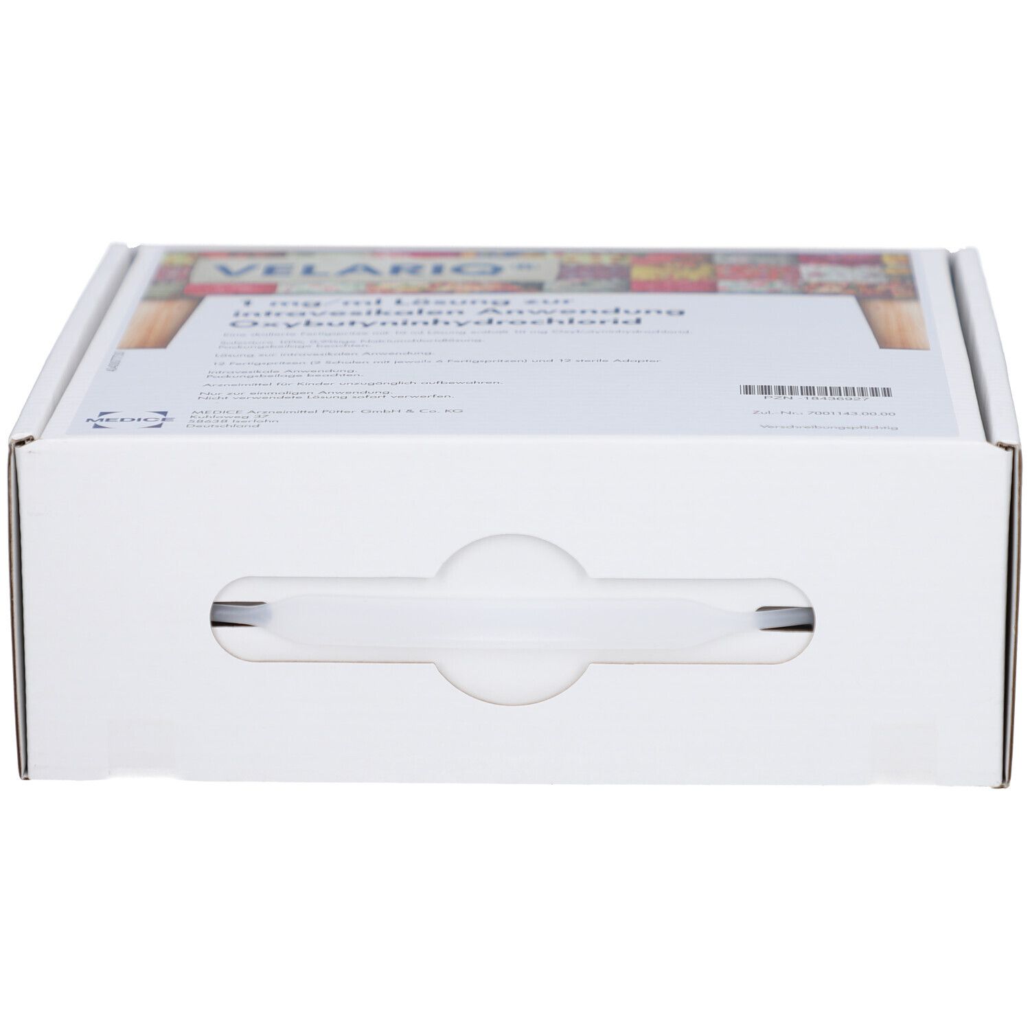 Weiße Produktverpackung mit Griff. Oben Text, darunter ein Griff. Auf der Verpackung ist VELARIQ zu sehen.