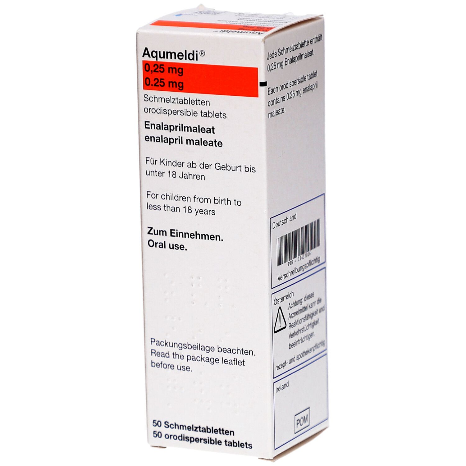 Weiße Medikamentenbox mit roter Markierung. Text: Aqumeldi 0,25 mg, 50 Schmelztabletten. Enthält Enalaprilmaleat. Für Kinder ab Geburt.