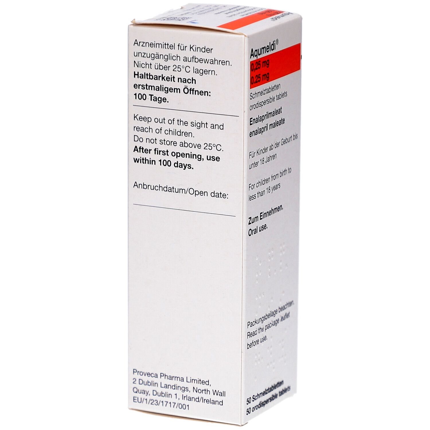 Weiße Medikamentenbox. Text: Haltbarkeit nach erstem Öffnen: 100 Tage. Nicht über 25°C lagern. Adresse des Herstellers: Proveca Pharma Limited.