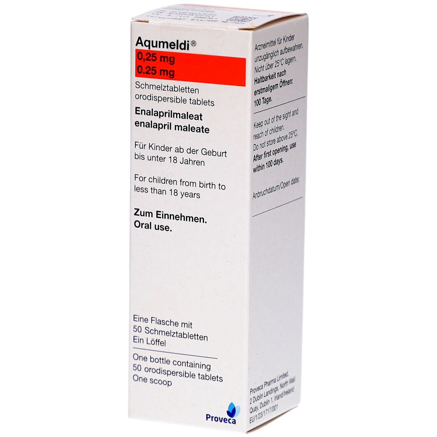 Weiße Medikamentenbox mit roter Markierung. Text: Aqumeldi 0,25 mg, 50 Schmelztabletten. Enthält Enalaprilmaleat. Mit Löffel.