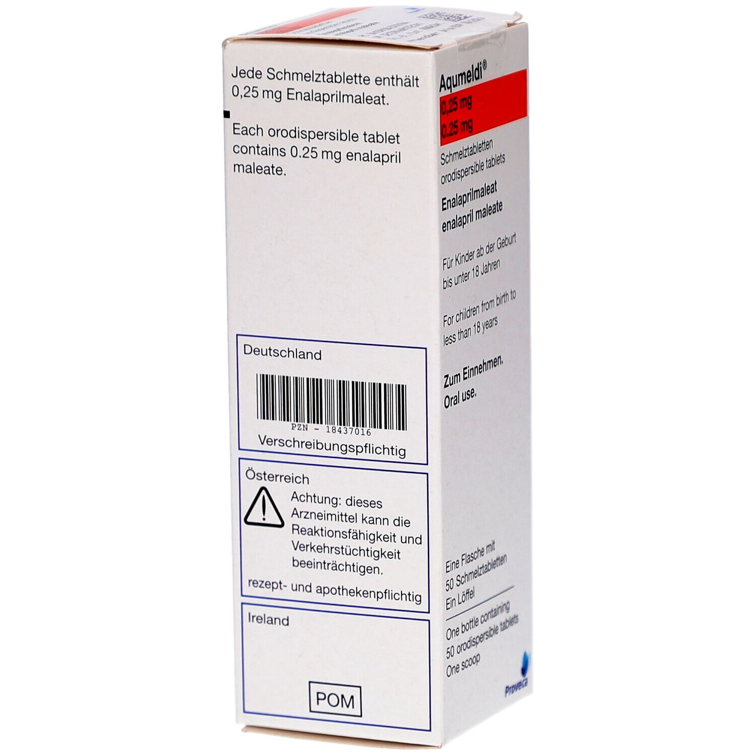 Weiße Medikamentenbox mit roter Markierung. Text: Aqumeldi 0,25 mg, 50 Schmelztabletten. Enthält Enalaprilmaleat. Mit Barcode und Warnhinweis.