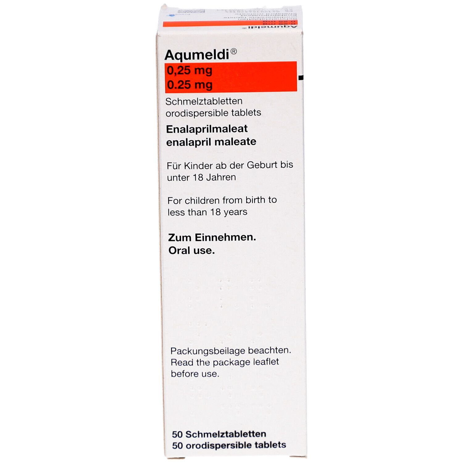 Weiße Medikamentenbox mit roter Markierung. Text: Aqumeldi 0,25 mg, 50 Schmelztabletten. Enthält Enalaprilmaleat. Für Kinder ab Geburt.
