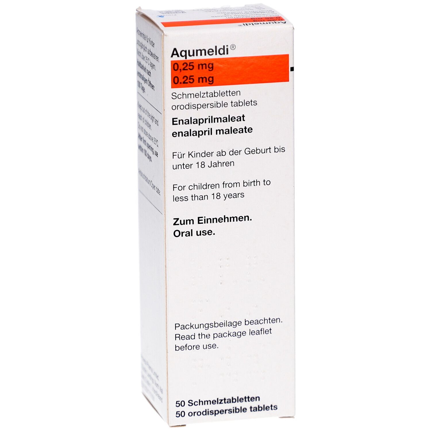 Weiße Medikamentenbox mit roter Markierung. Text: Aqumeldi 0,25 mg, 50 Schmelztabletten. Enthält Enalaprilmaleat. Für Kinder ab Geburt.